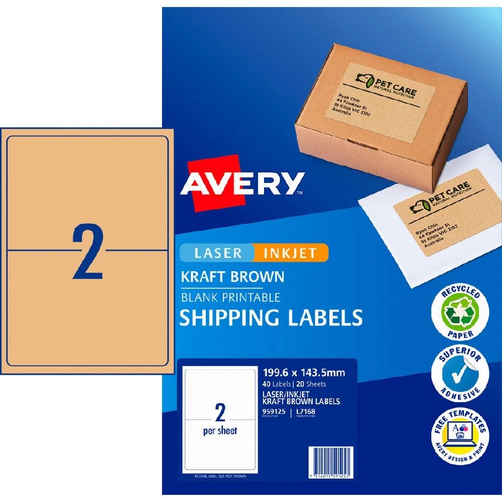 1 Avery 2UP Inkjet Laser Shipping Labels Kraft Brown 20 Sheets, 1 of 5