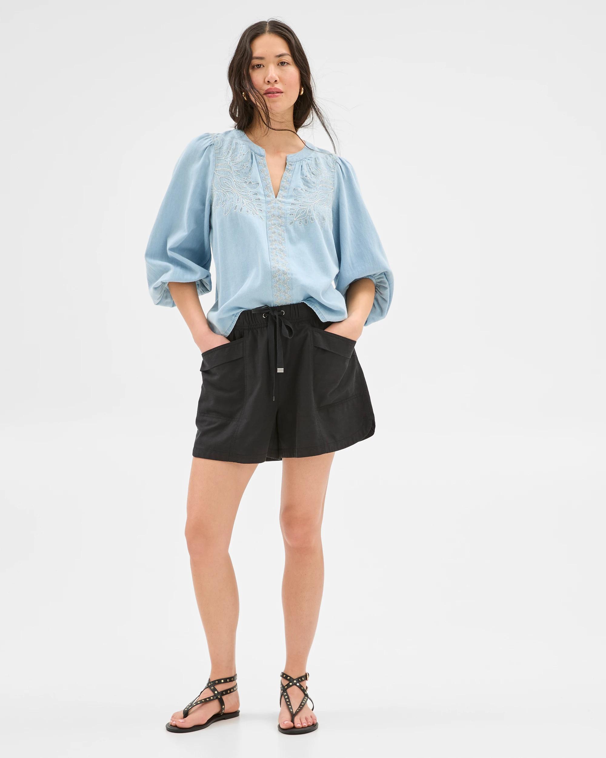 6 Target 3/4 Sleeve Chambray Embroidered Blouse CHAMBRAY, 6 of 7
