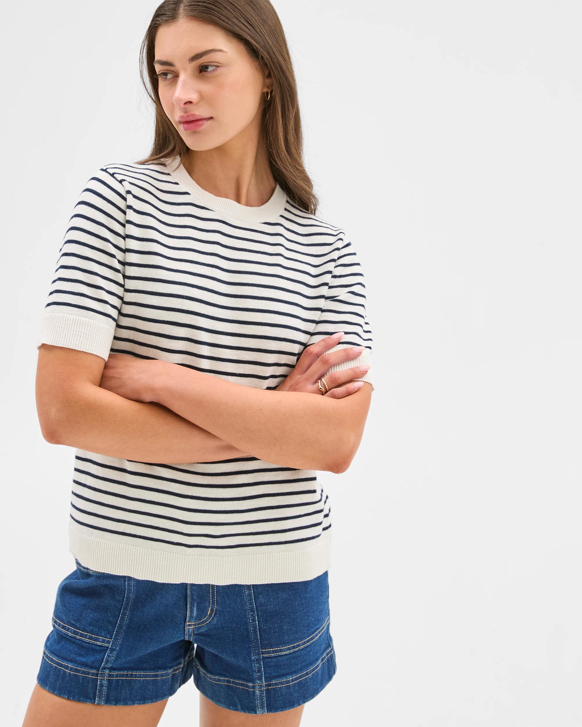 3 Target Petites Australian Cotton-linen Knit Cropped T-shirt, White/navy Stripe WHITE / NAVY, 3 of 6