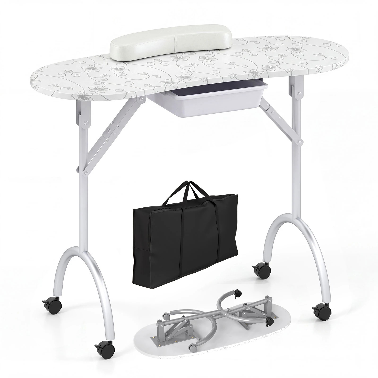 1 Costway Foldable Manicure Table w/Wheels Professional Nail Technician Desk - White, 1 of 5