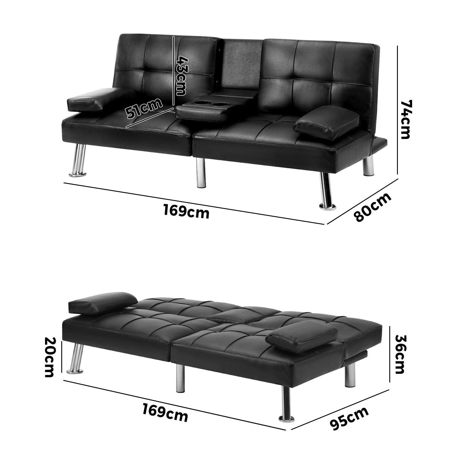 10 Oikiture Sofa Bed Lounge Leather 3 Seater Futon Couch Beds Sofabeds Cup Holder
 - Black, 10 of 10