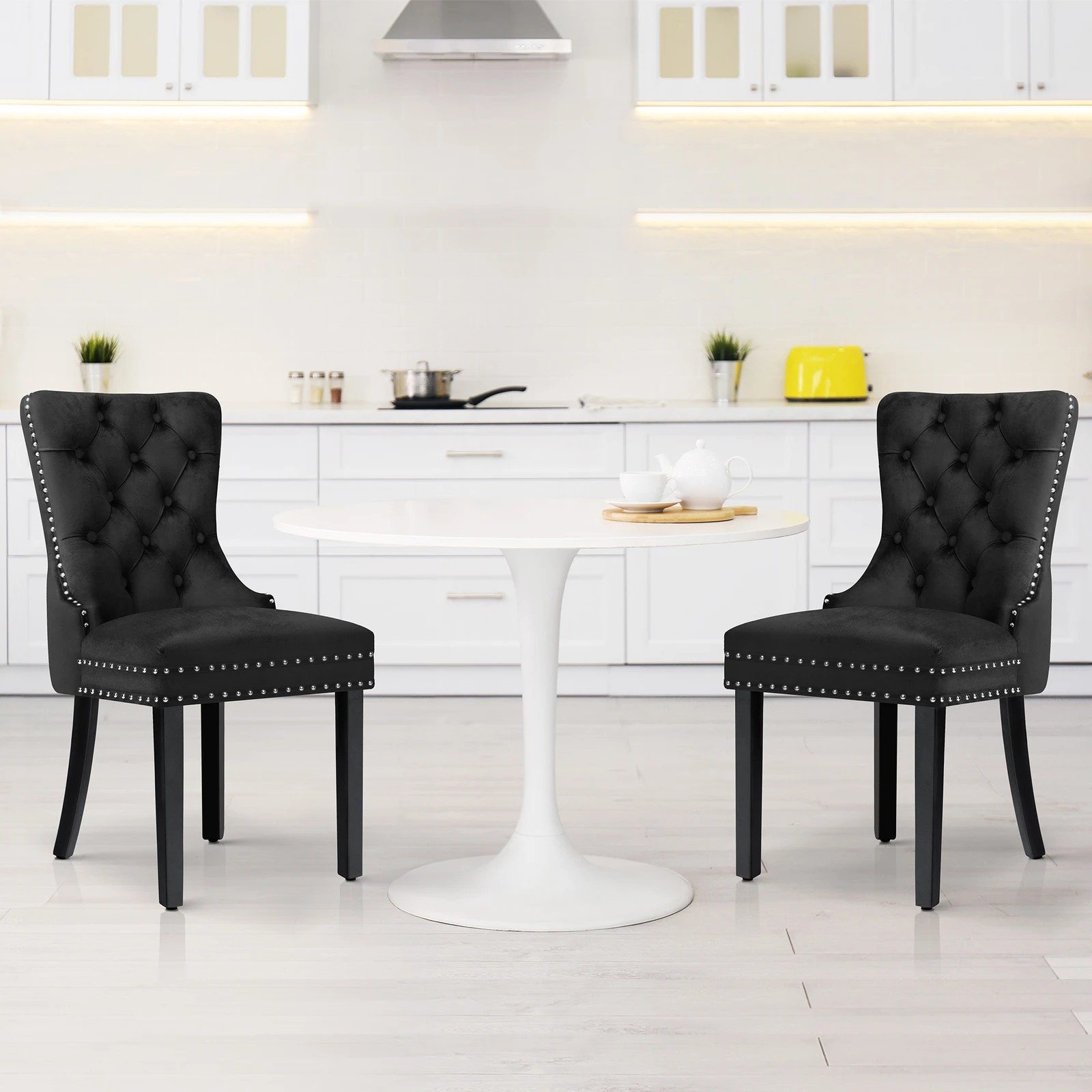 6 Alfordson 2x Dining Chair Kitchen Lounge Retro Button Tufted Wooden Velvet - Black, 6 of 10