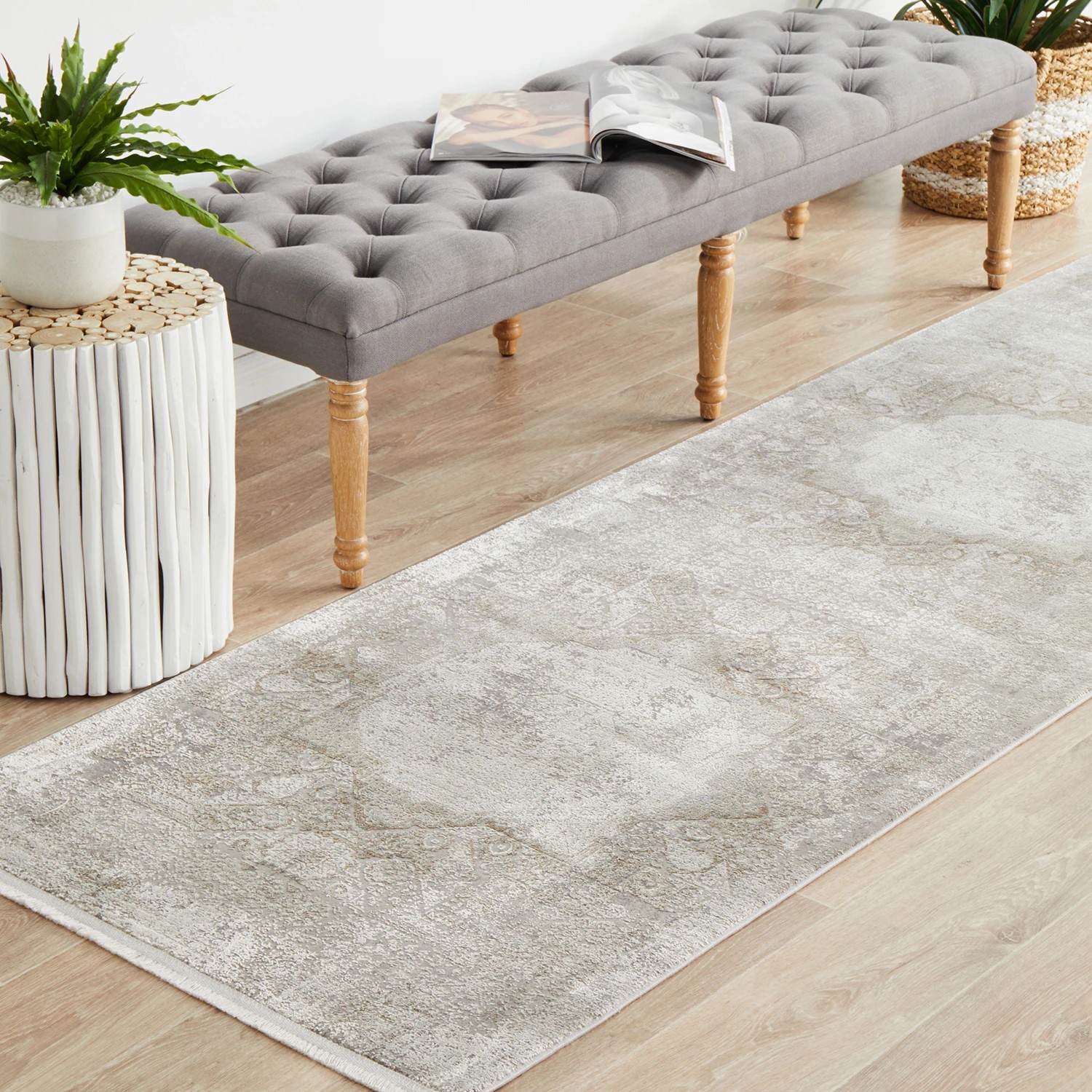 3 Common Ground Rugs Glimmers 110 300x80cm Runner - Medium Bamboo Silk Rug - Stone - Grey, 3 of 9