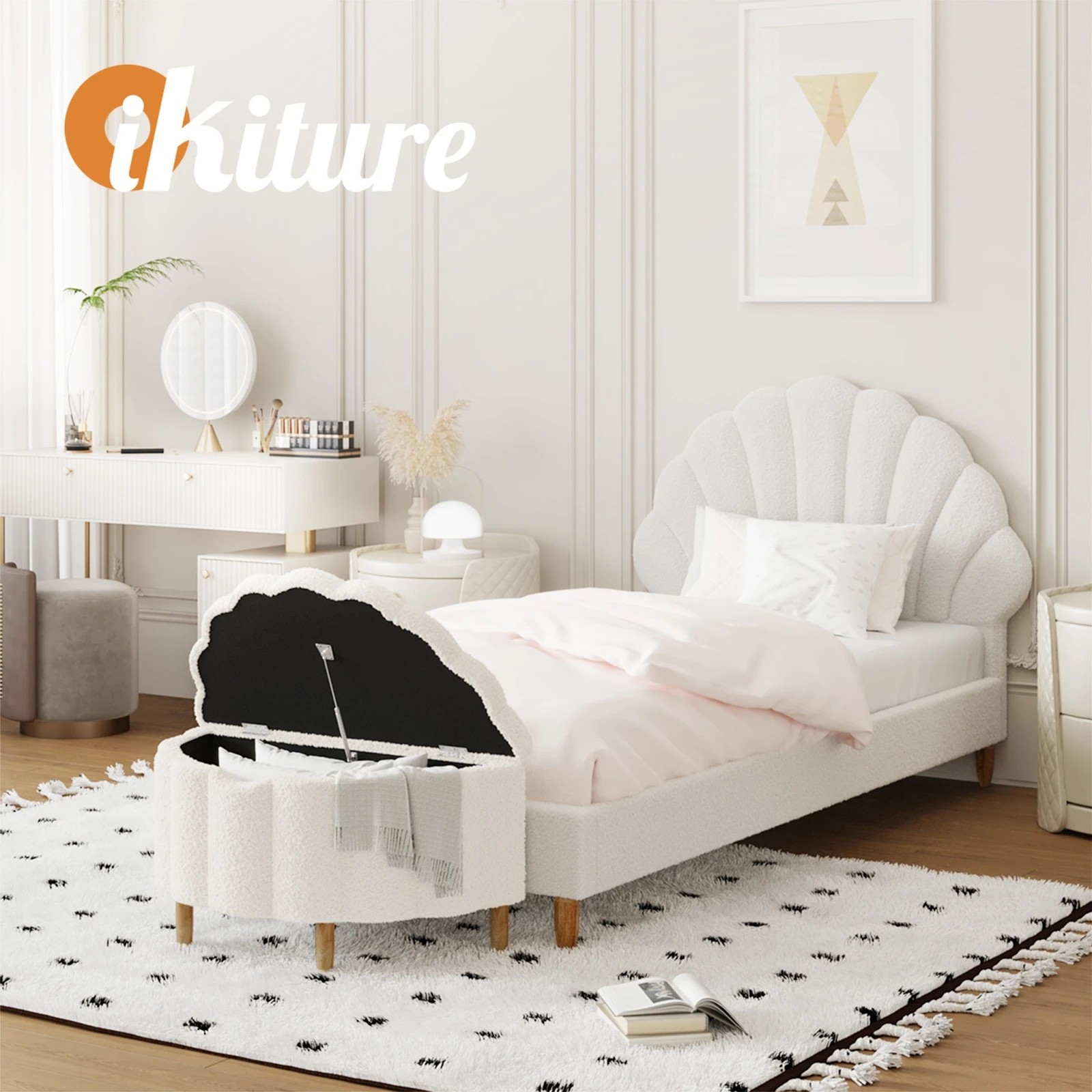 6 Oikiture Boucle Bed Frame with Ottoman Set Scallop Shaped Sherpa Bedhead Single - White, 6 of 9