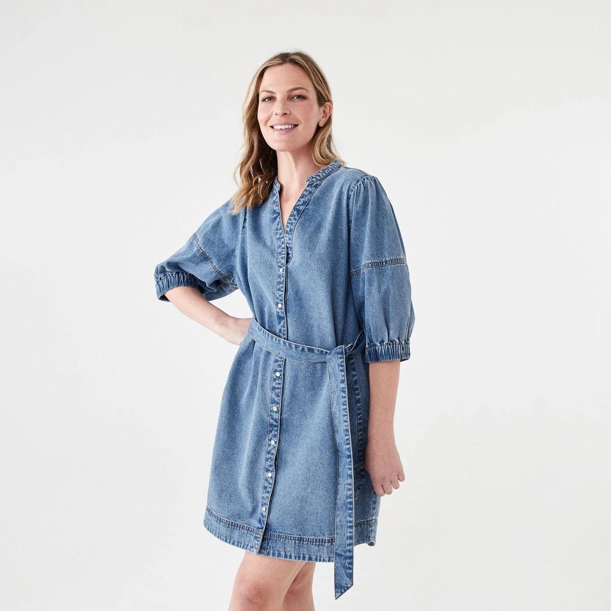 1 Short Sleeve Denim Puff Sleeve Mini Dress LIGHT DENIM WASH, 1 of 6