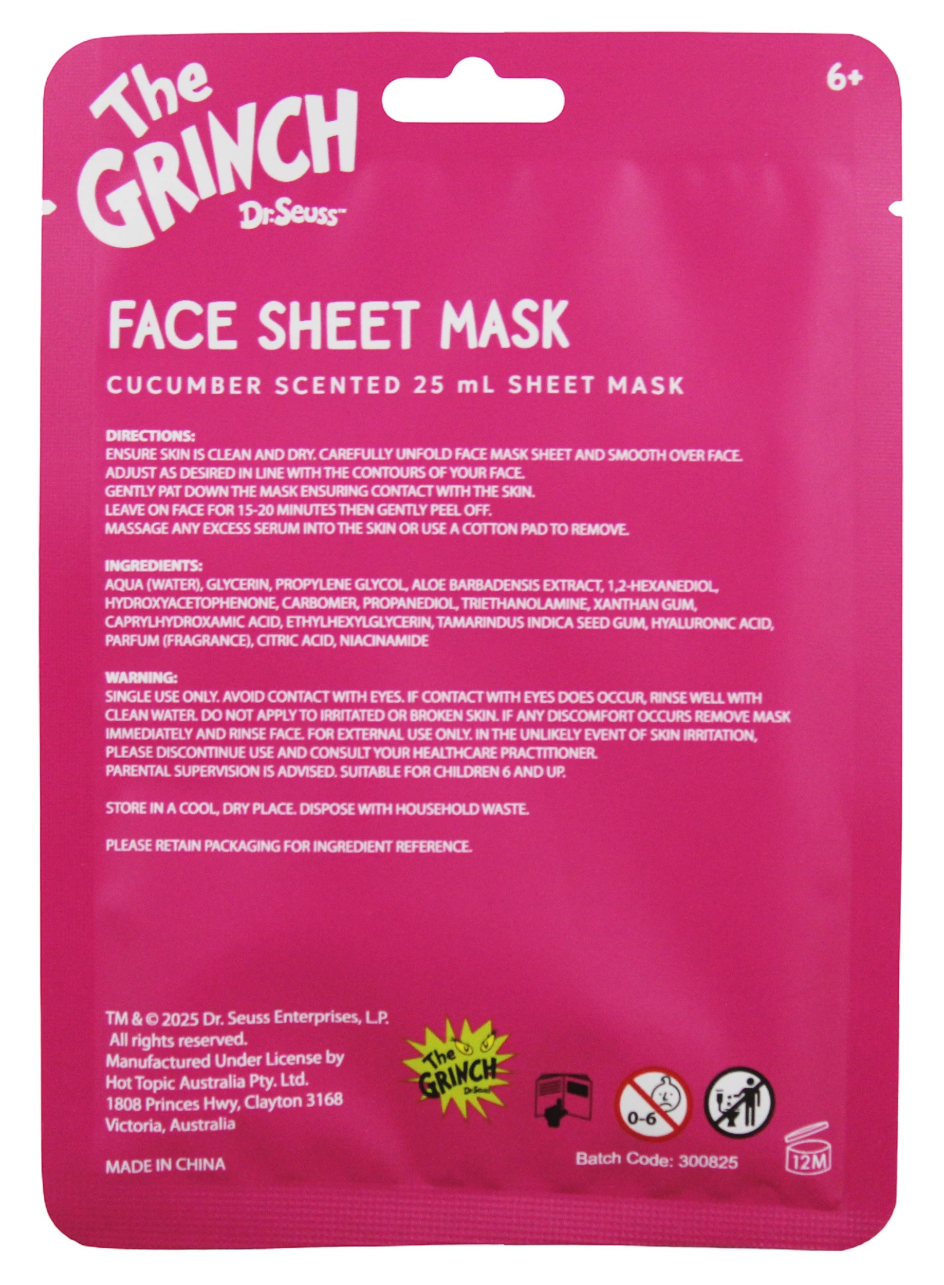 3 2 Pack Dr. Seuss' The Grinch Face Sheet Mask 25ml - Cucumber Scent, 3 of 3
