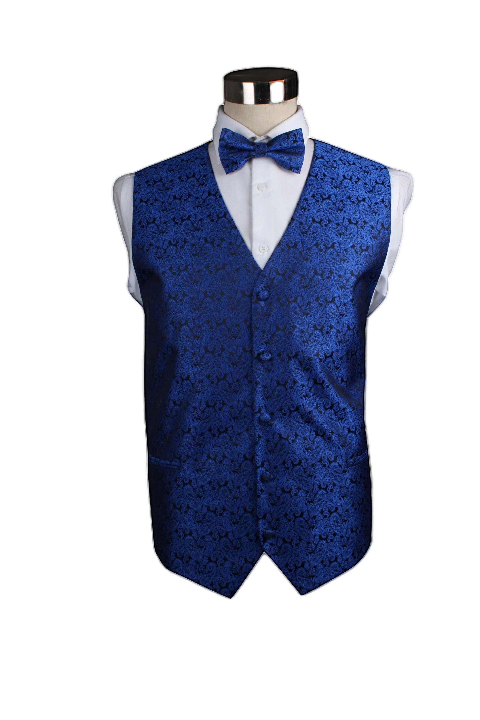 1 Zasel Mens Paisley Patterned Vest Waistcoat & Matching Bow Tie BLUE, 1 of 1