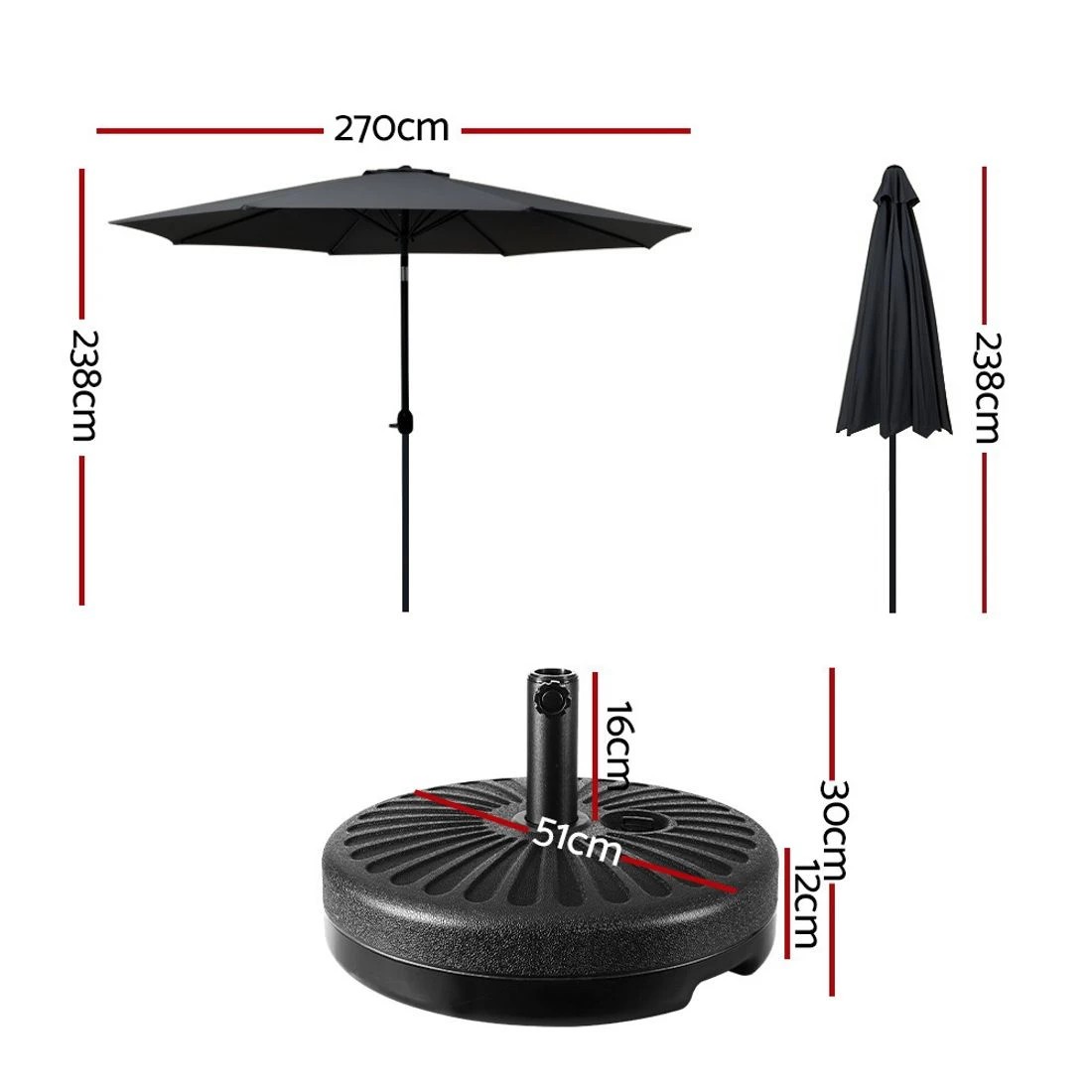 2 Instahut Outdoor Umbrella 2.7m Base Beach Pole Garden Tilt Sun Patio UV - Black, 2 of 4