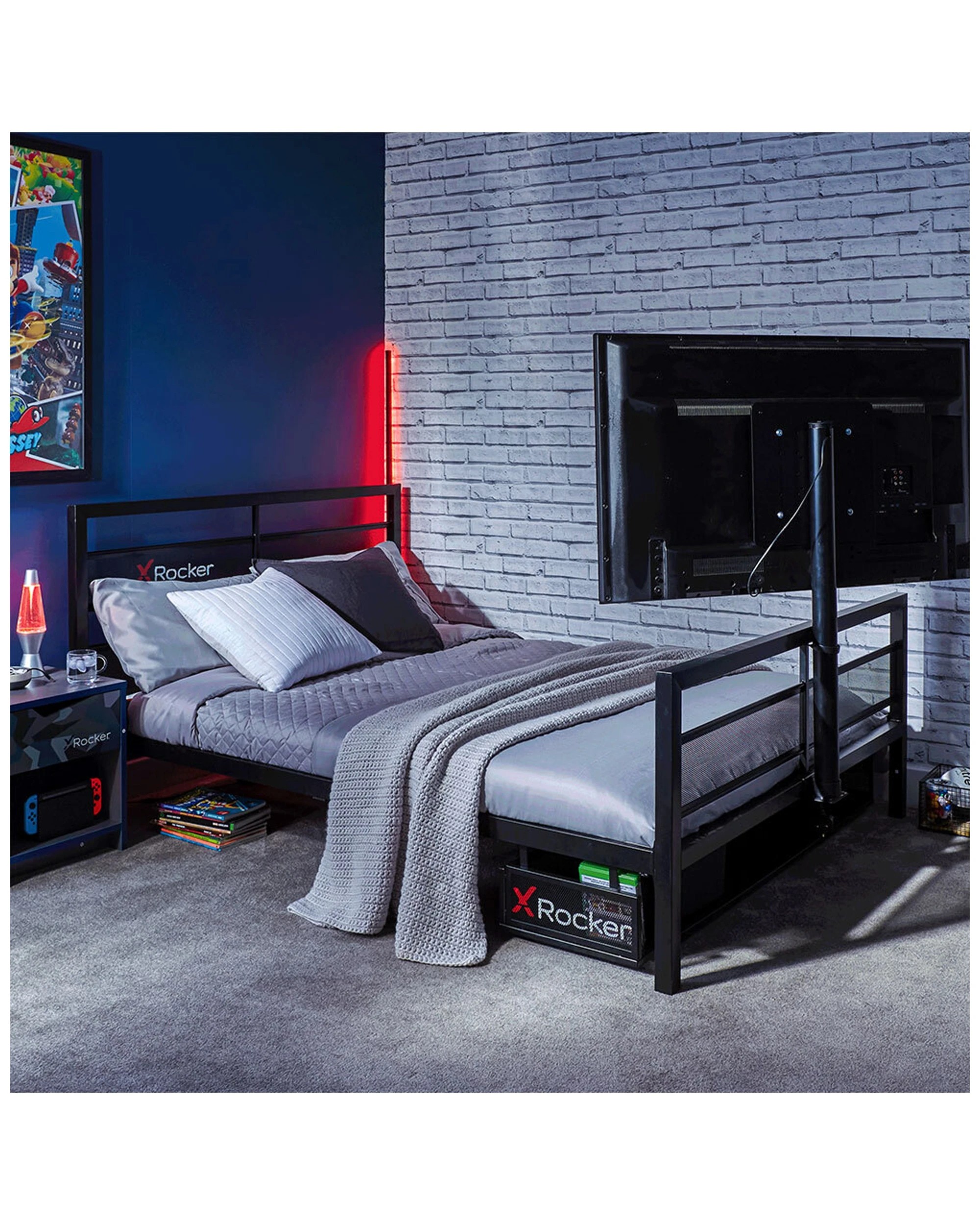 3 X Rocker Basecamp Gaming Double Bed Frame W/adjustable Twist Vesa Tv Mount Black
 - Black, 3 of 3