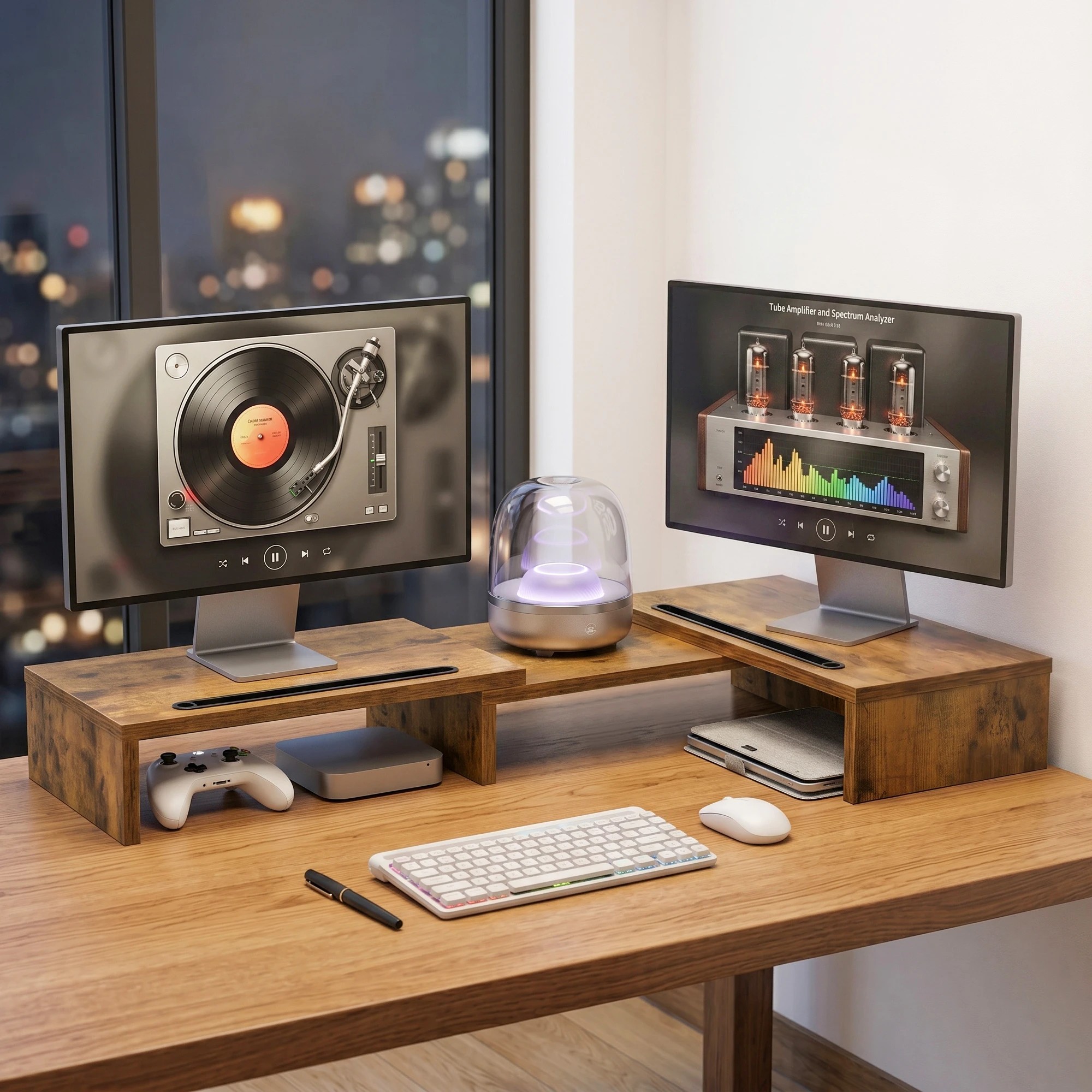 5 Artiss Dual Monitor Stand Riser Rotating Extendable Desk Organizer Laptop Screen - Brown, 5 of 7