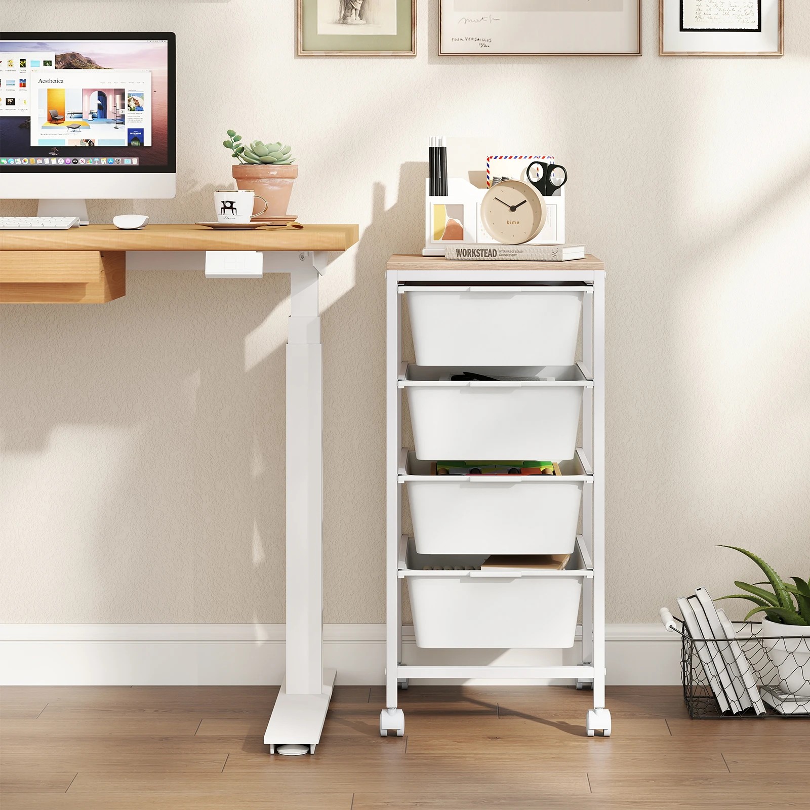 3 Costway 4-Drawer Rolling Storage Cart Mobile Utility Organizer w/Wooden Tabletop - White, 3 of 6