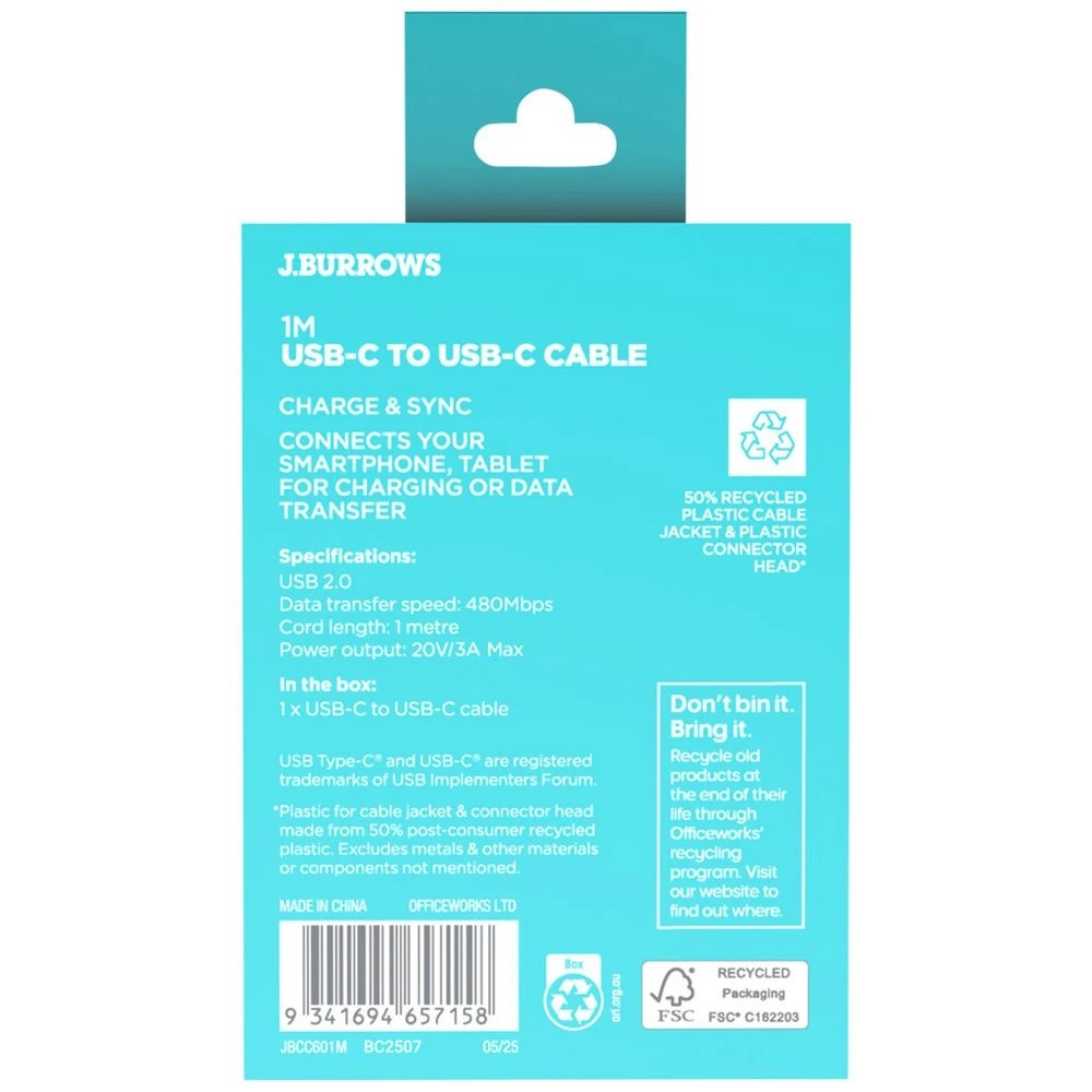 6 J.Burrows USB C to USB C Cable 60W 3A 1m, 6 of 6