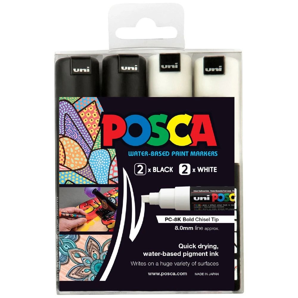 1 POSCA PC 8K Paint Markers Black/White 4 Pack, 1 of 8