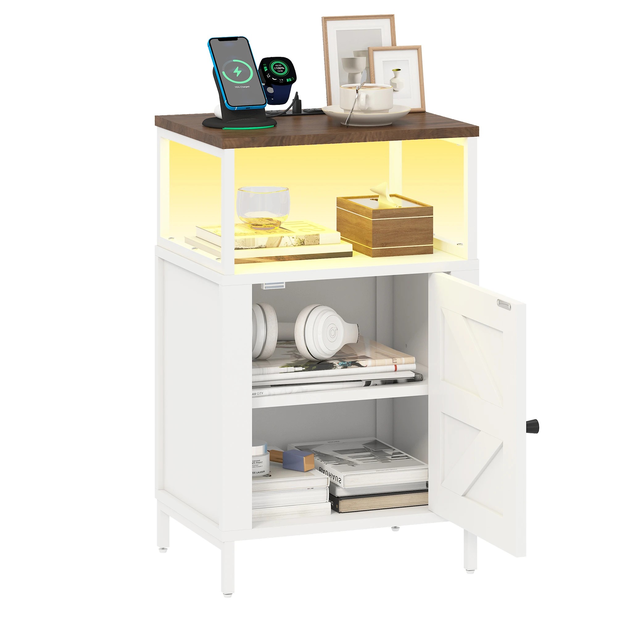 4 Advwin Set of 2 Farmhouse Bedside Table with Charging Station & LED Light - White, 4 of 7
