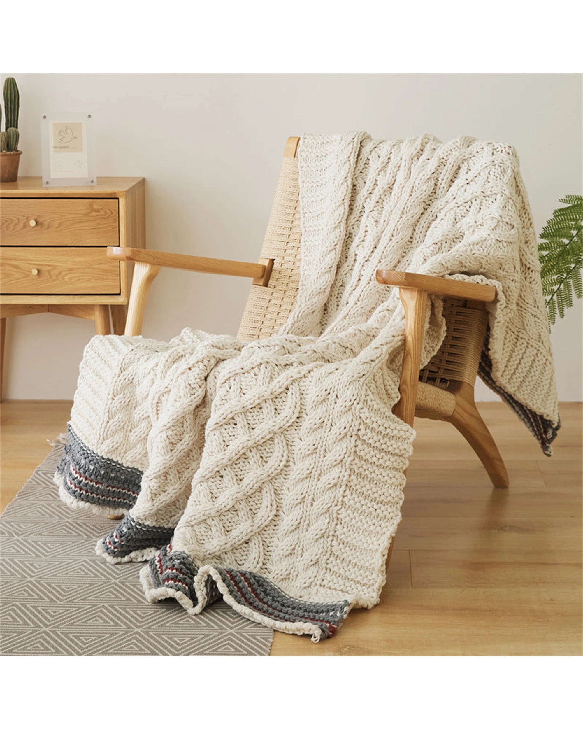 4 Cotton More Cable Knit Blanket Striped Border 130x160cm - Beige, 4 of 6