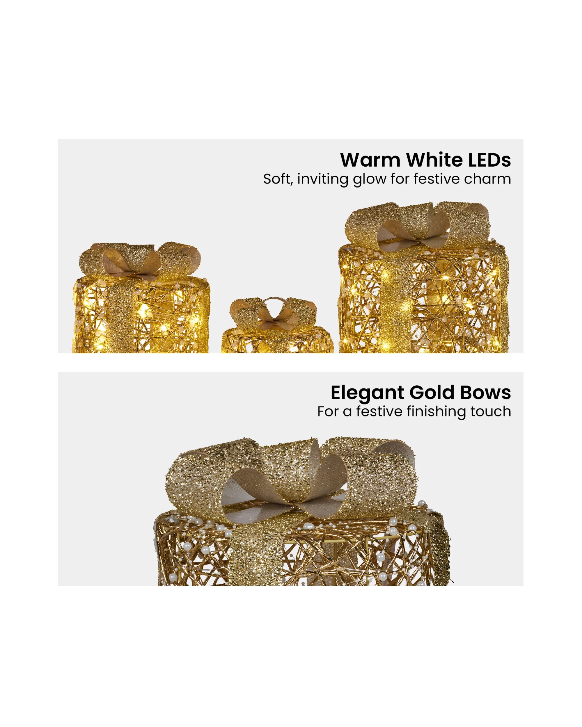 4 Christabelle Set Of 3 Golden Christmas Gift Boxes Led Lights Indoor Holiday Decoration Ornament, 4 of 7