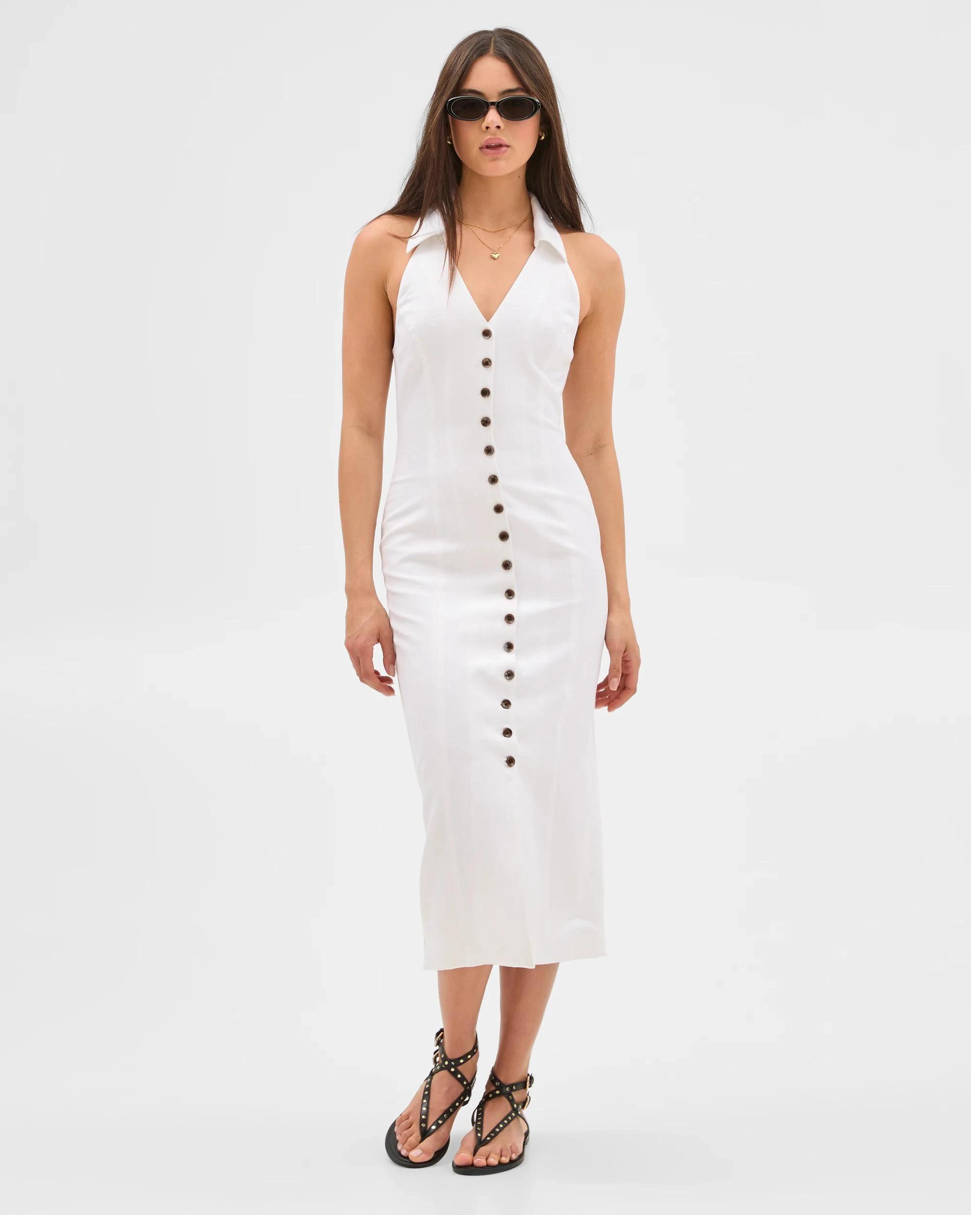 1 European Linen Blend Collared Midi Dress - Lily Loves LILY WHITE, 1 of 6