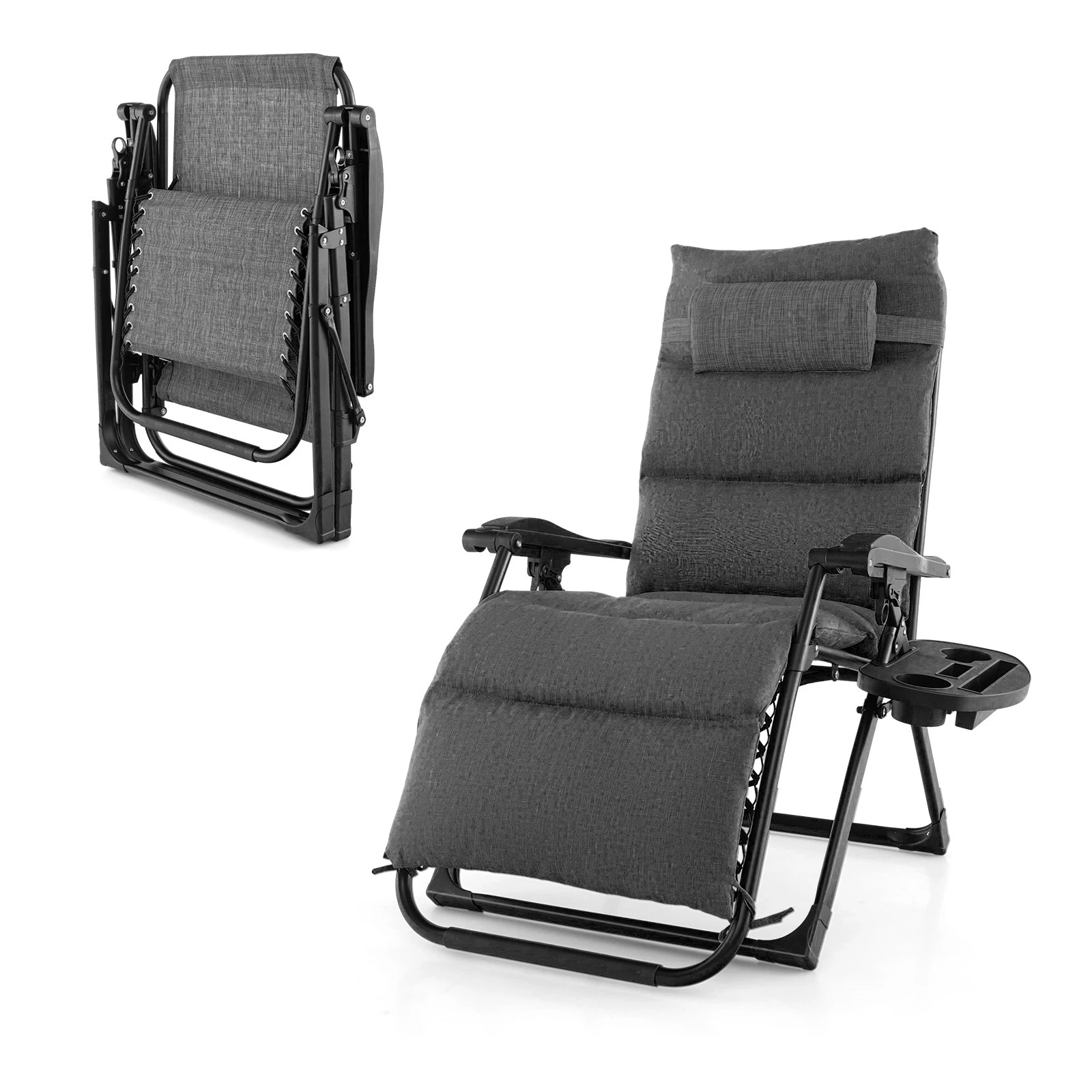 1 Costway Outdoor Sun Lounge Folding Recliner Adjustable Zero Gravity Chair w/Cup Holder - Grey, 1 of 1