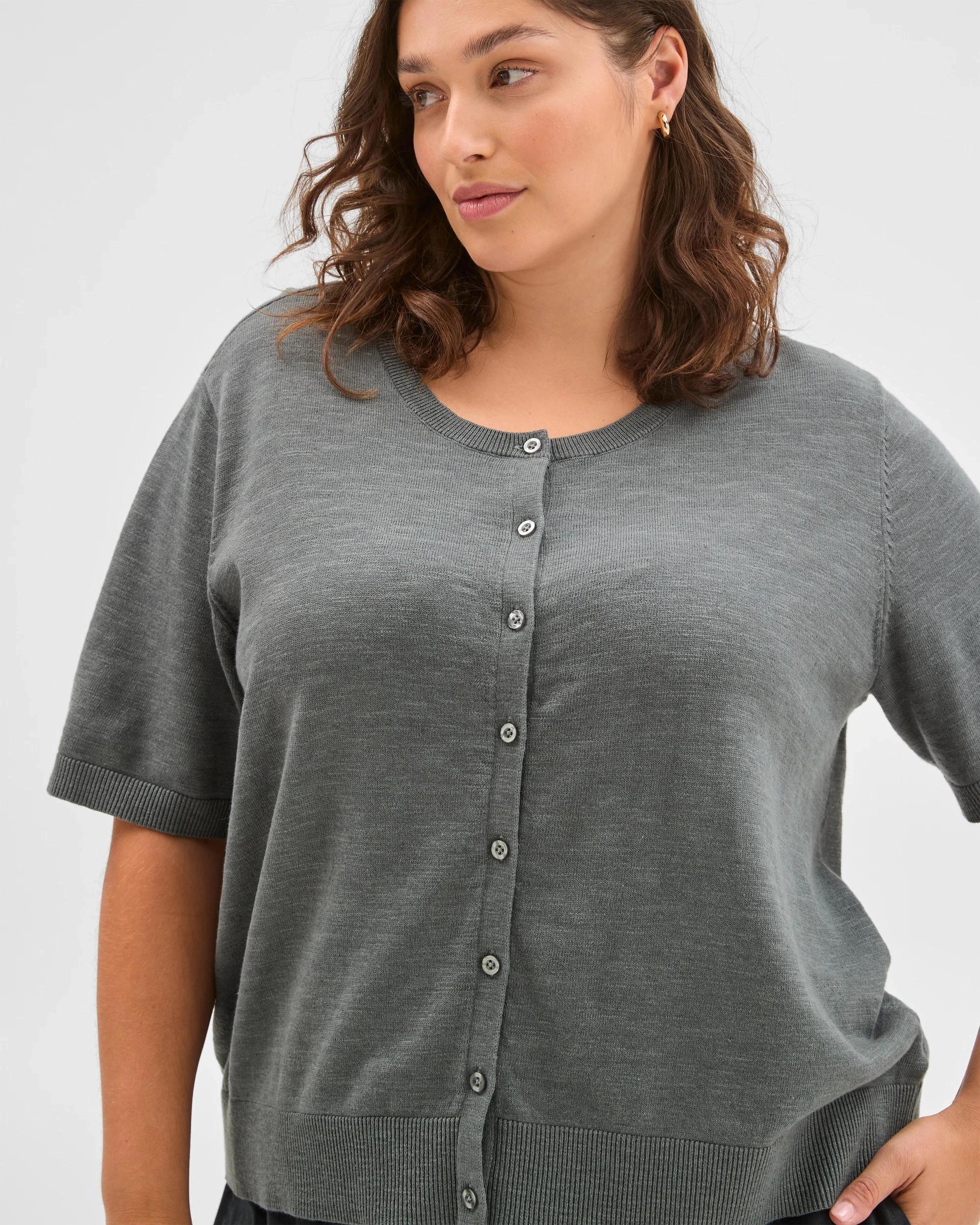 3 Target Curve Plus Size Australian Cotton Blend Short Sleeve Cardigan DUSTY OLIVE, 3 of 5