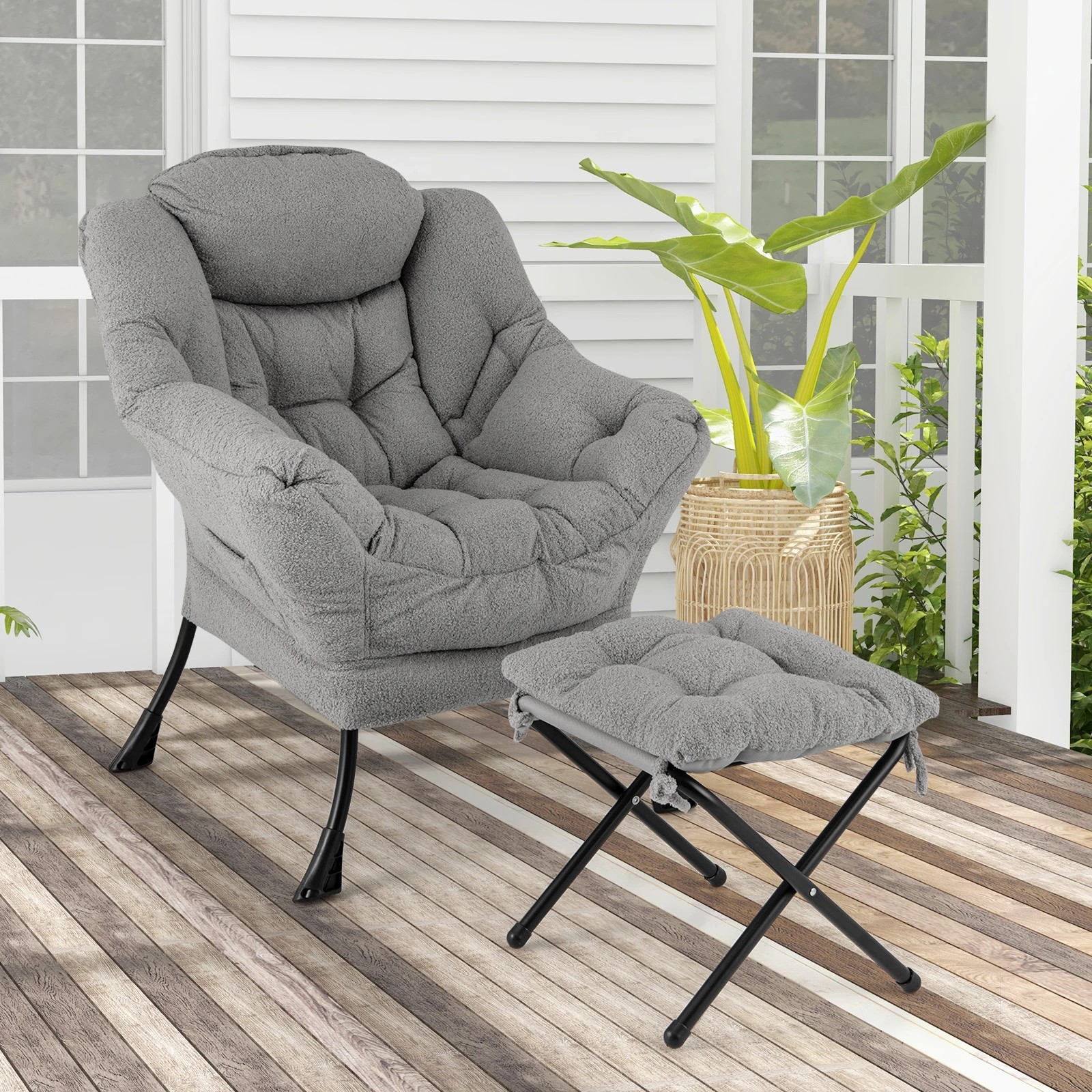 3 Costway Upholstered Lounge Chair Ottoman Modern Sofa Accent Armchair Couch w/Folding Footstool - Grey, 3 of 4