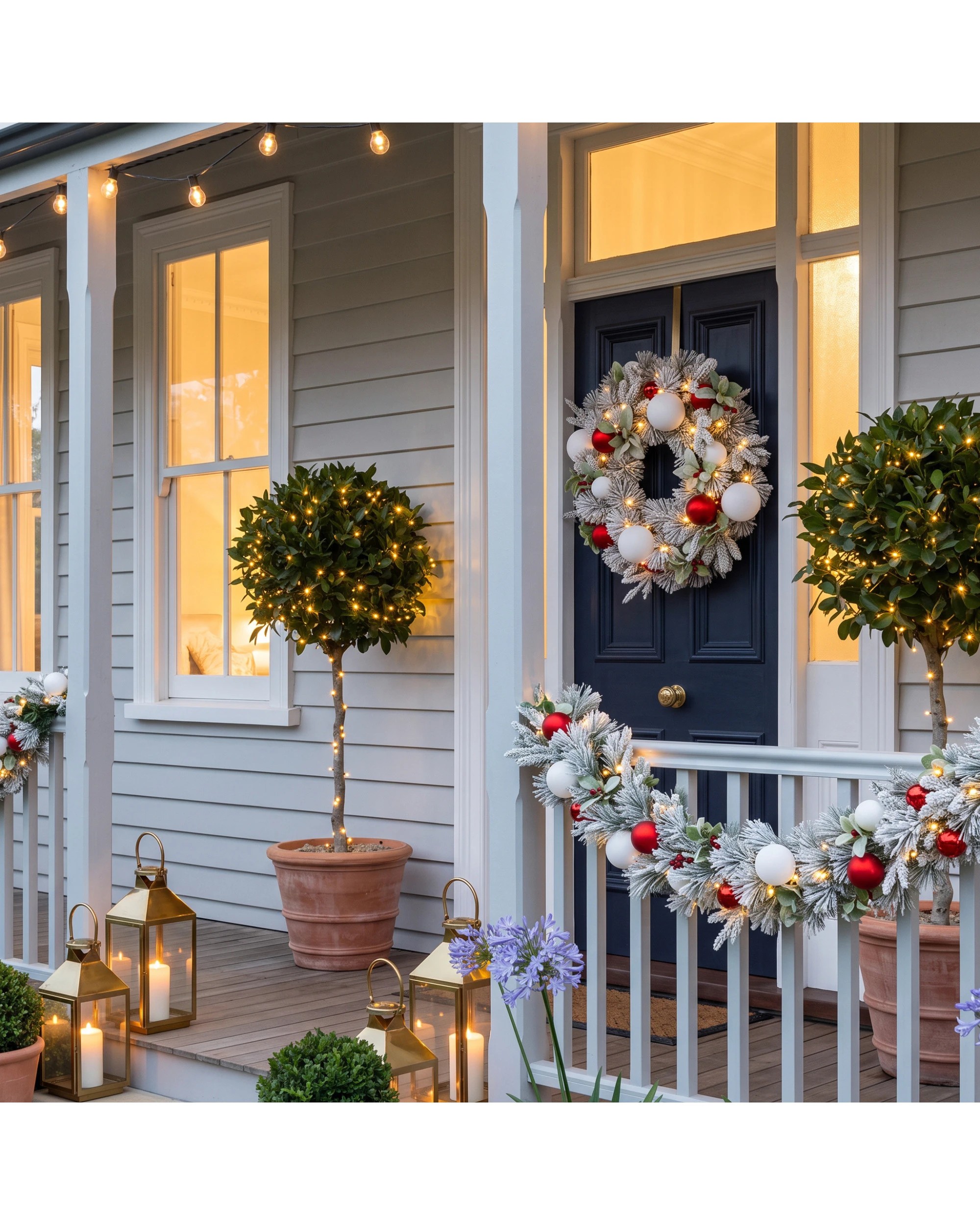 8 Christabelle 61cm Snowy Elegance Pre-Lit Christmas Wreath - Warm White LEDs, Red & White Baubles - White, 8 of 10