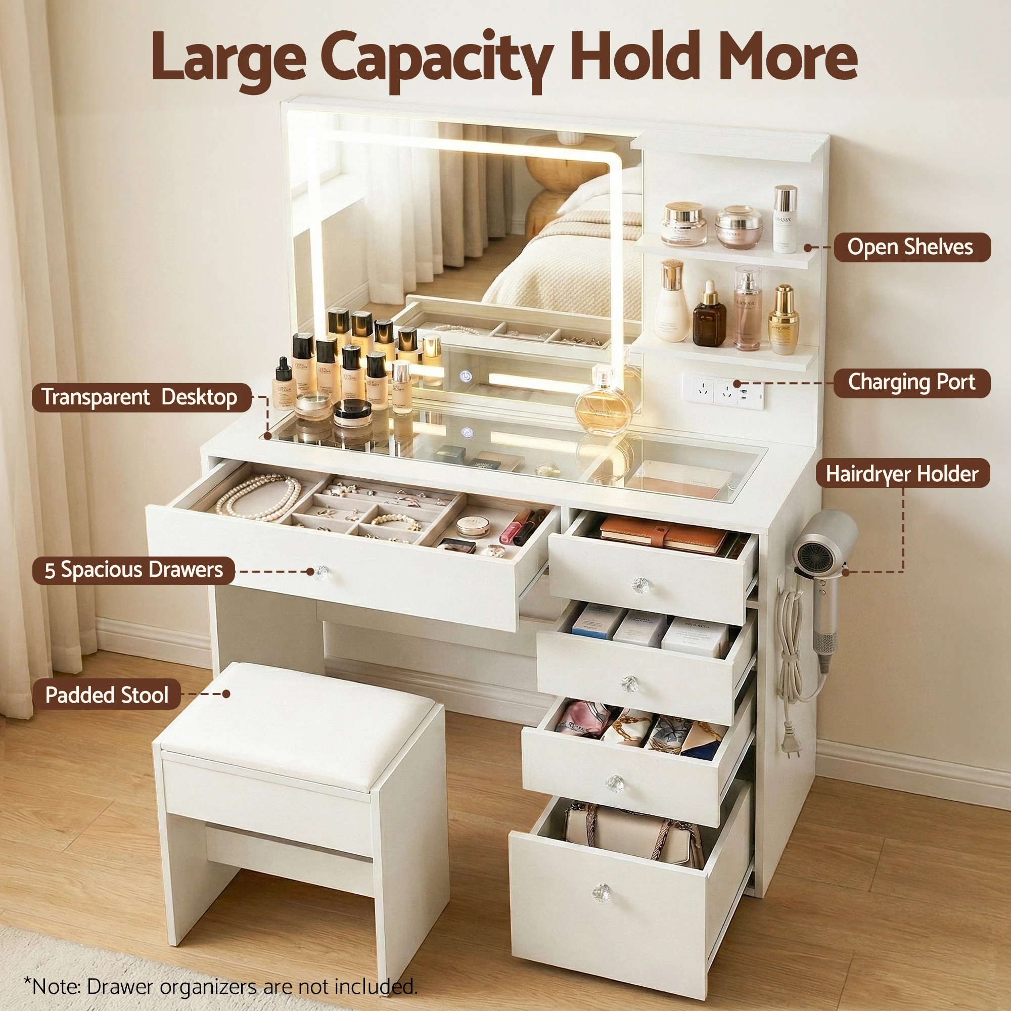 6 Artiss Dressing Table LED Vanity Desk Set Stool - White, 6 of 9