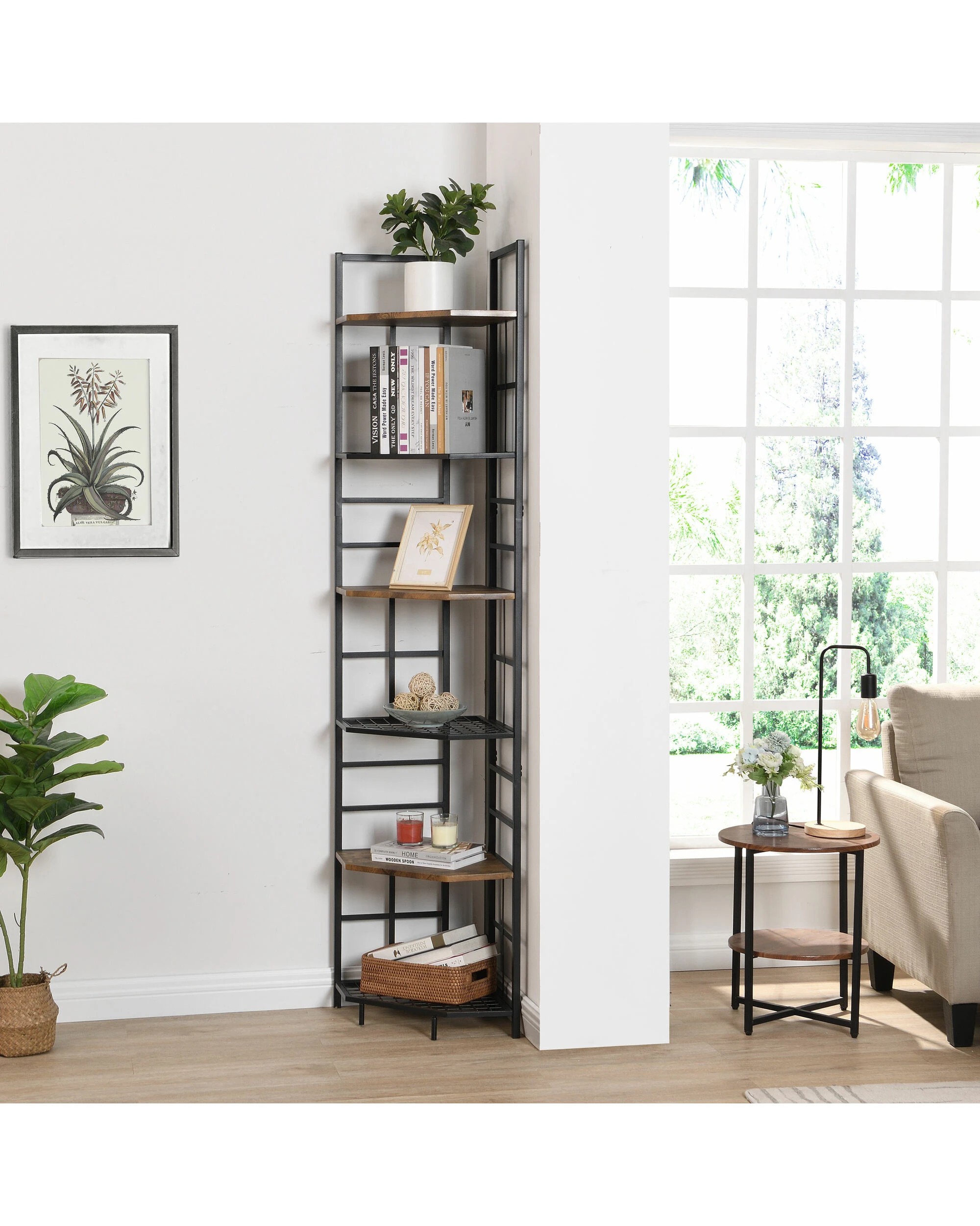 4 IHOMDEC 6-Tier Pentagon Corner Bookshelf - Brown, 4 of 10