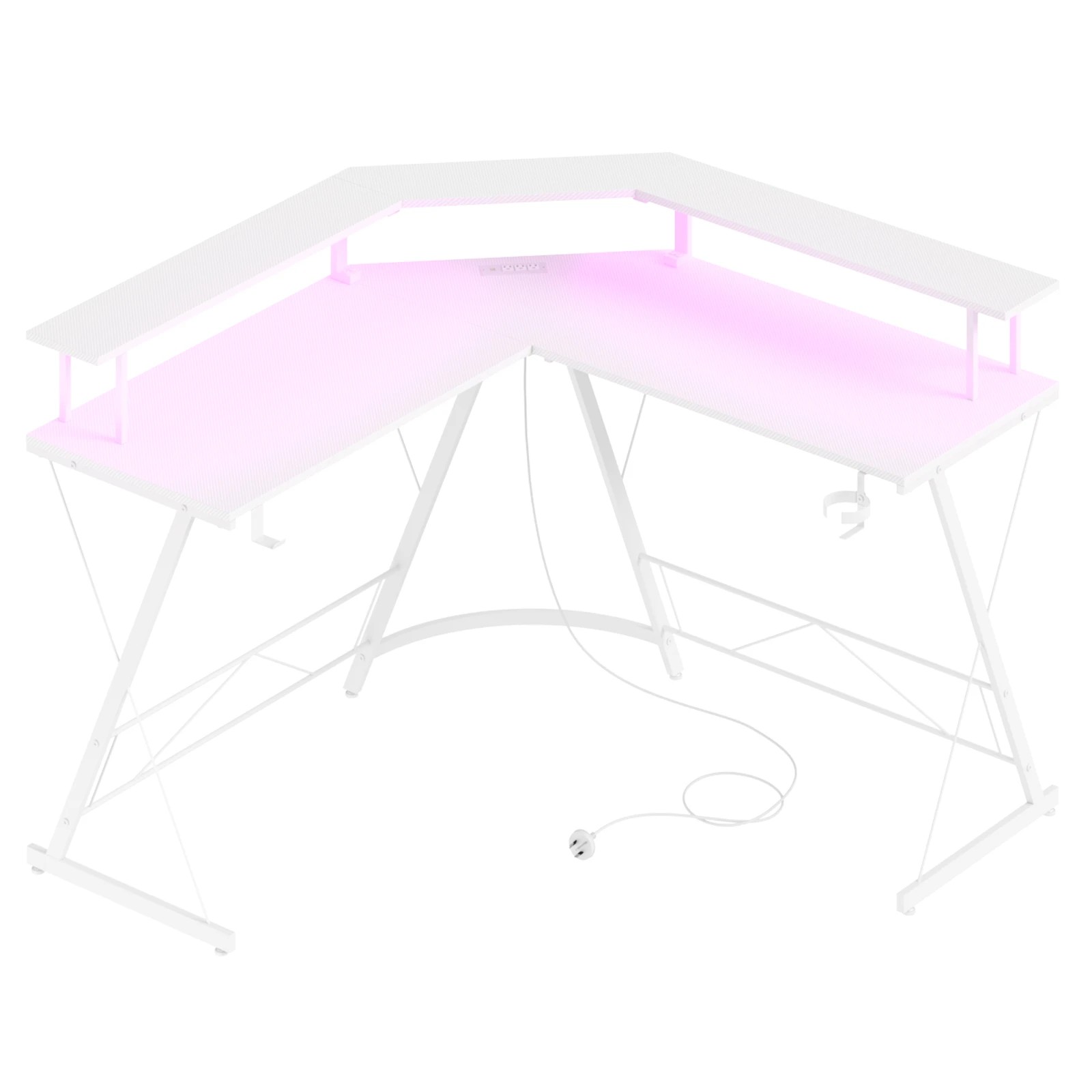 7 Advwin White L Shaped Gaming Desk With Led Lights & Power Outlets, 7 of 8