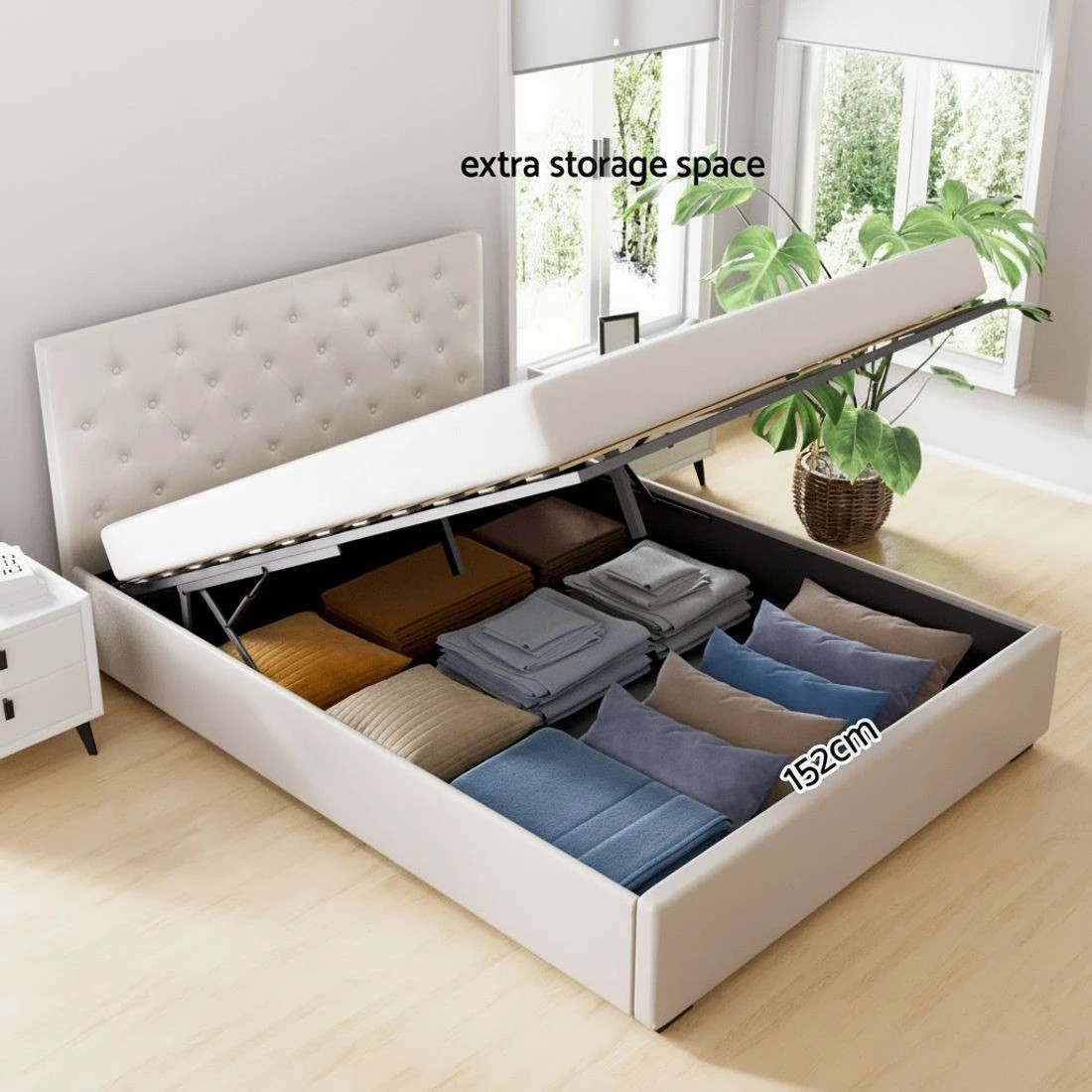 4 Artiss Bed Frame Queen Size Gas Lift  VILA - Beige, 4 of 7