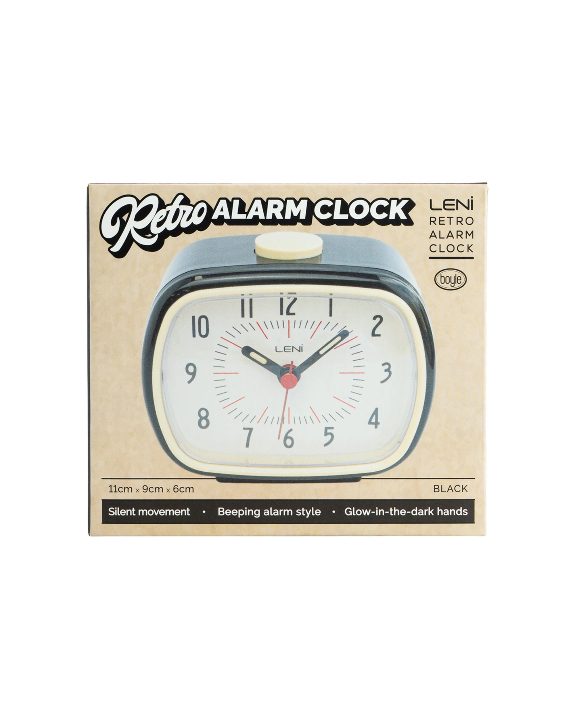6 Leni Retro Silent Sweep Analogue Alarm Clock 9cm W/ Glow In The Dark Hands - Black, 6 of 7