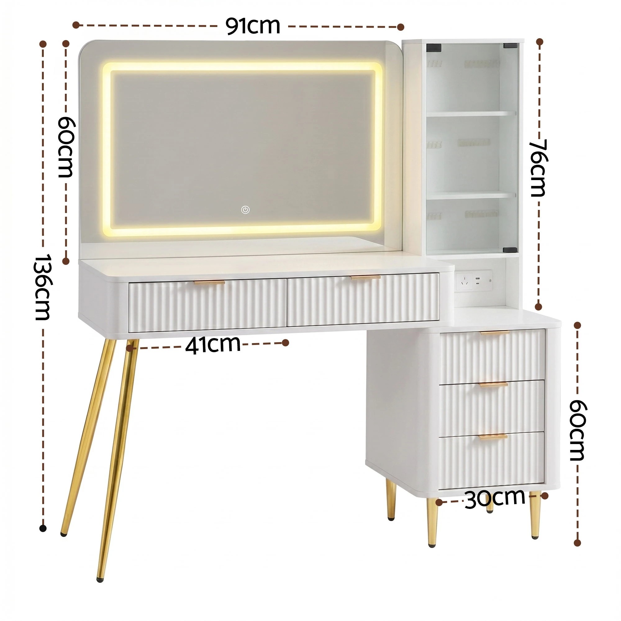 2 Artiss Dressing Table LED Mirror Vanity Desk Power Outlet Fluted Drawer - White, 2 of 9