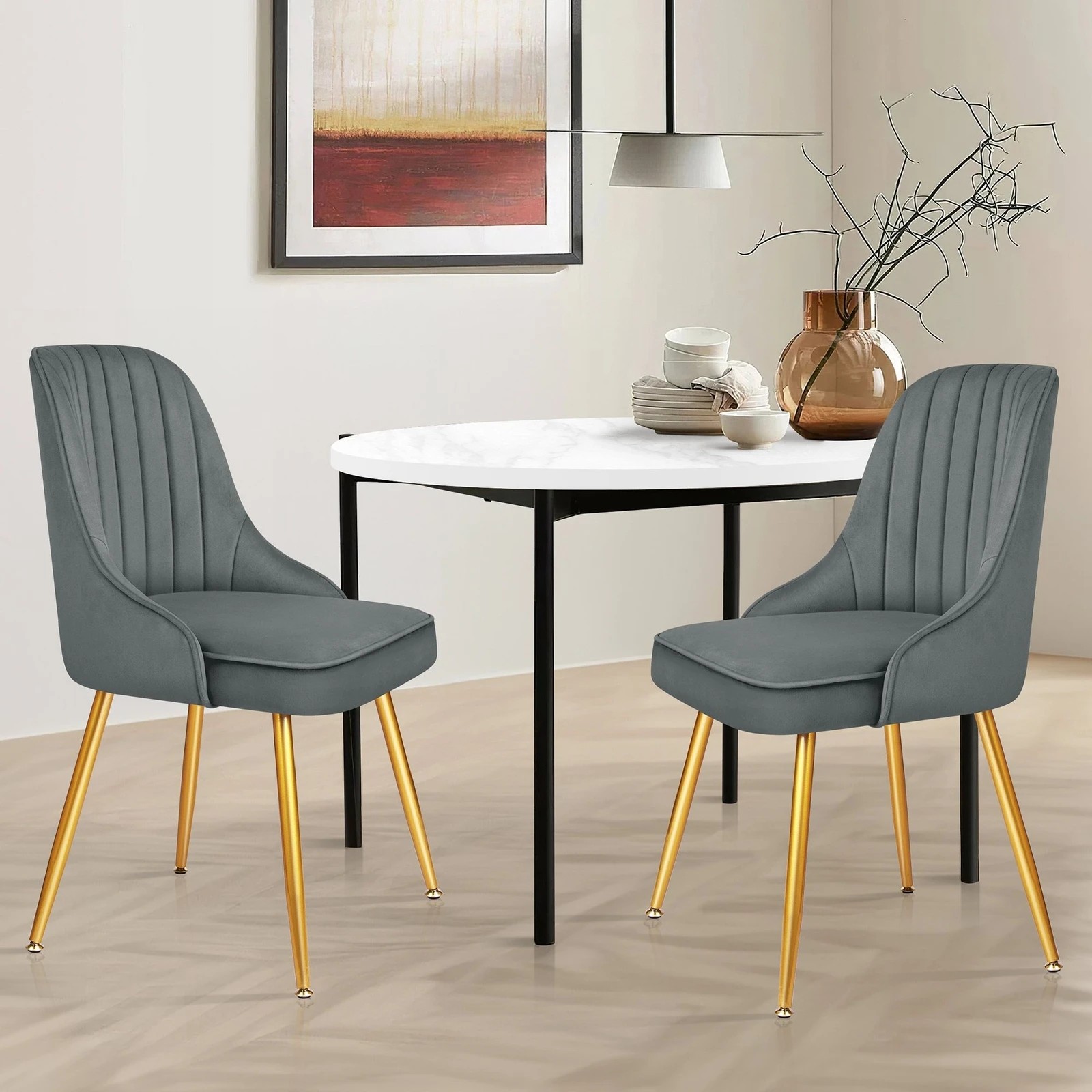 6 Alfordson 2x Dining Chairs Kitchen Accent Lounge Padded Tufted Seat Velvet - Grey, 6 of 10