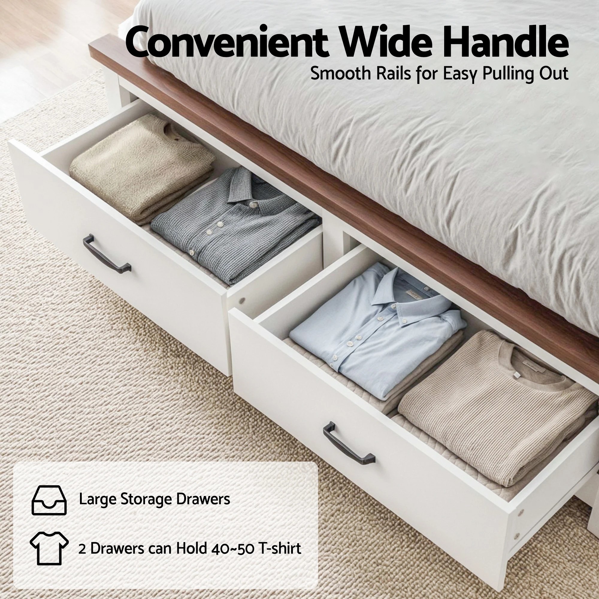 6 Artiss Double Wooden Bed Frame with 2 Drawer Platform Bed with 108cm Solid High Headboard  Bed Base for Bedroom - White, 6 of 7