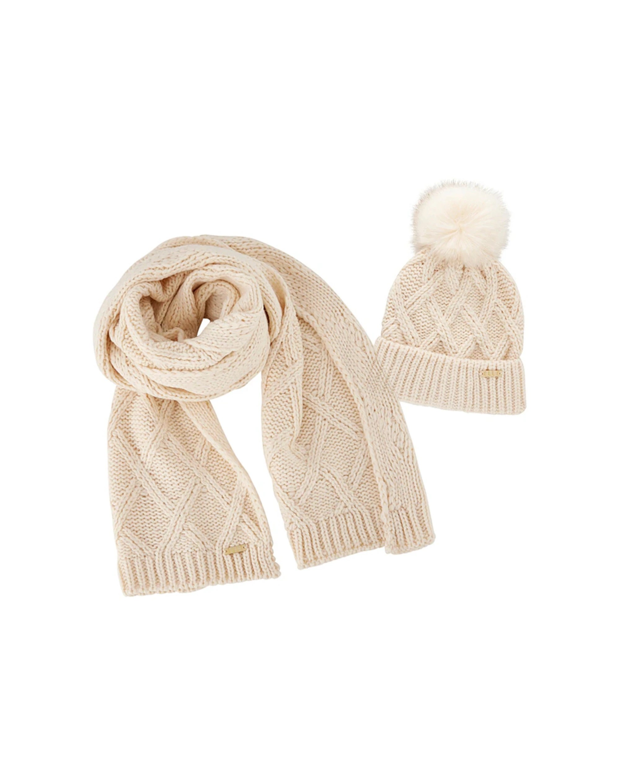 1 Elle 2pc Womens Diamond Beanie & Scarf Set Acrylic One Size Cream - White, 1 of 1