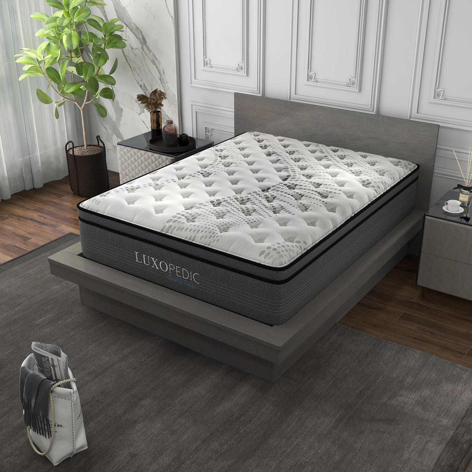 1 Luxopedic Pocket Spring Mattress 5 Zone 32CM Euro Top Memory Foam Medium Firm - King Single Bed - White, Grey, 1 of 10