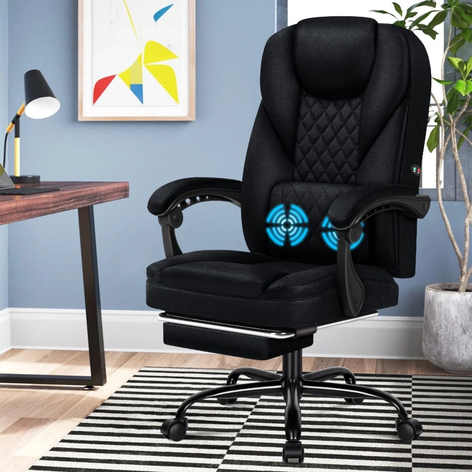 2 Alfordson Massage Office Chair Executive Recliner Gaming Computer Fabric Seat - Black, 2 of 10