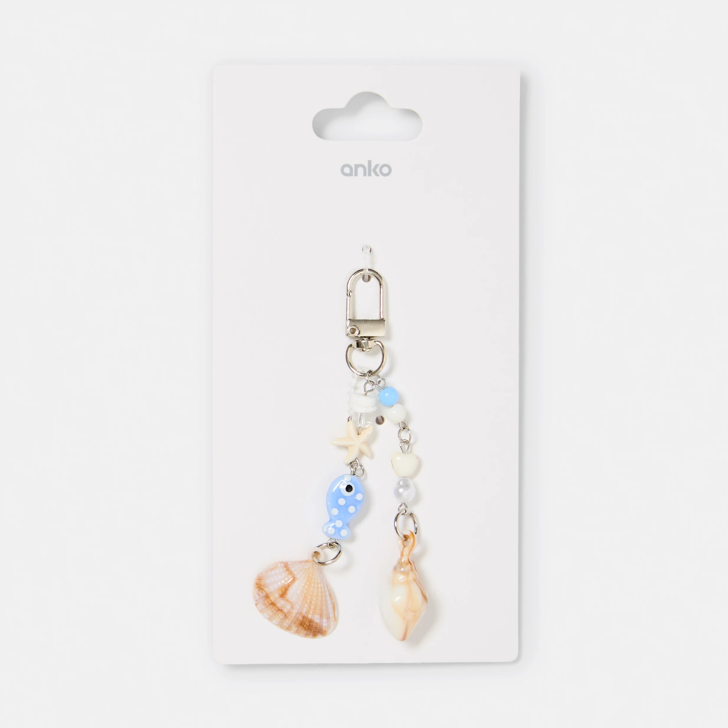 3 Bead Fish Shell Charm Keyring - Blue, White, Brown and Silver Tone, 3 of 3