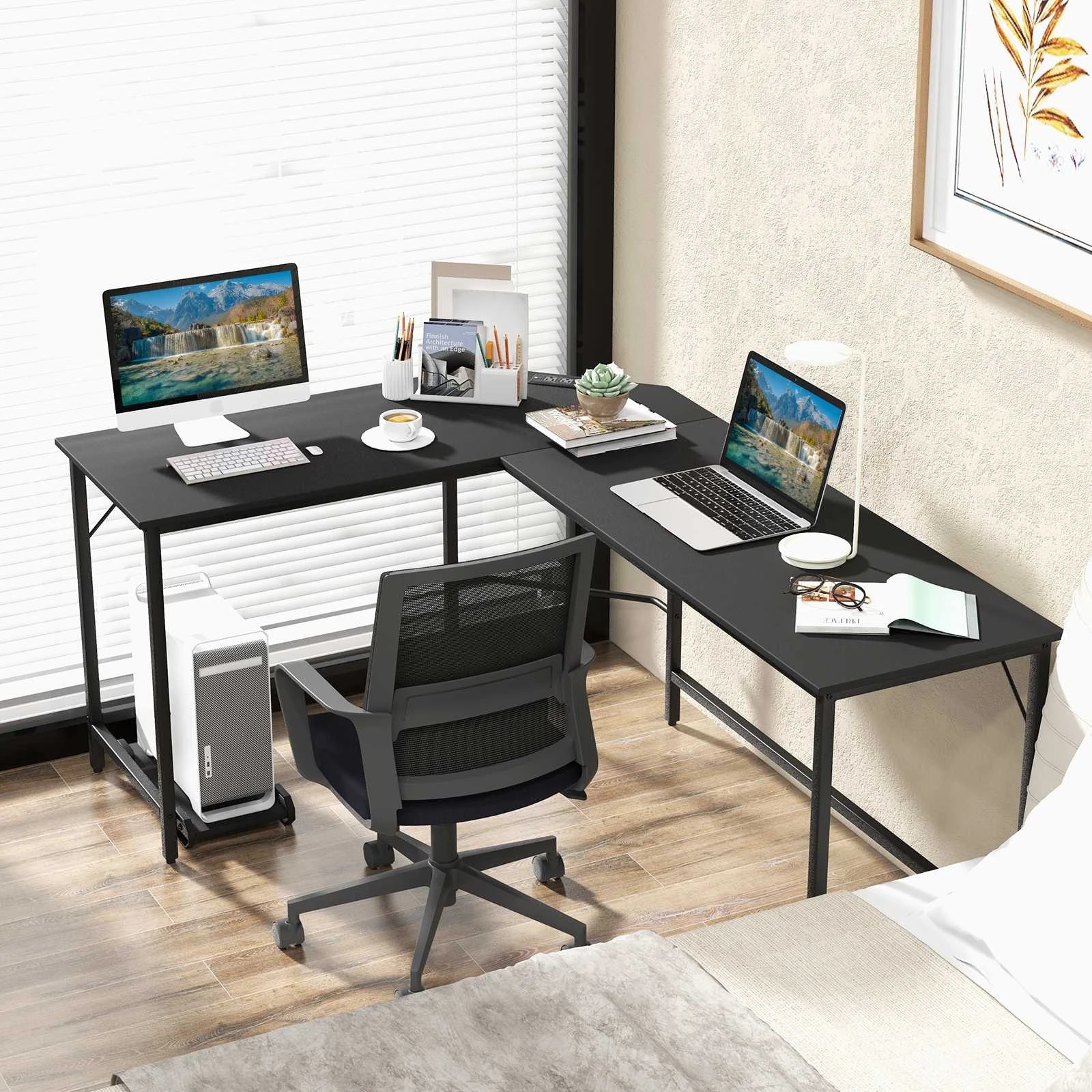 2 Costway L-shaped Computer Desk Corner Desk Home Office Workstation w/Charging Station, 2 of 3