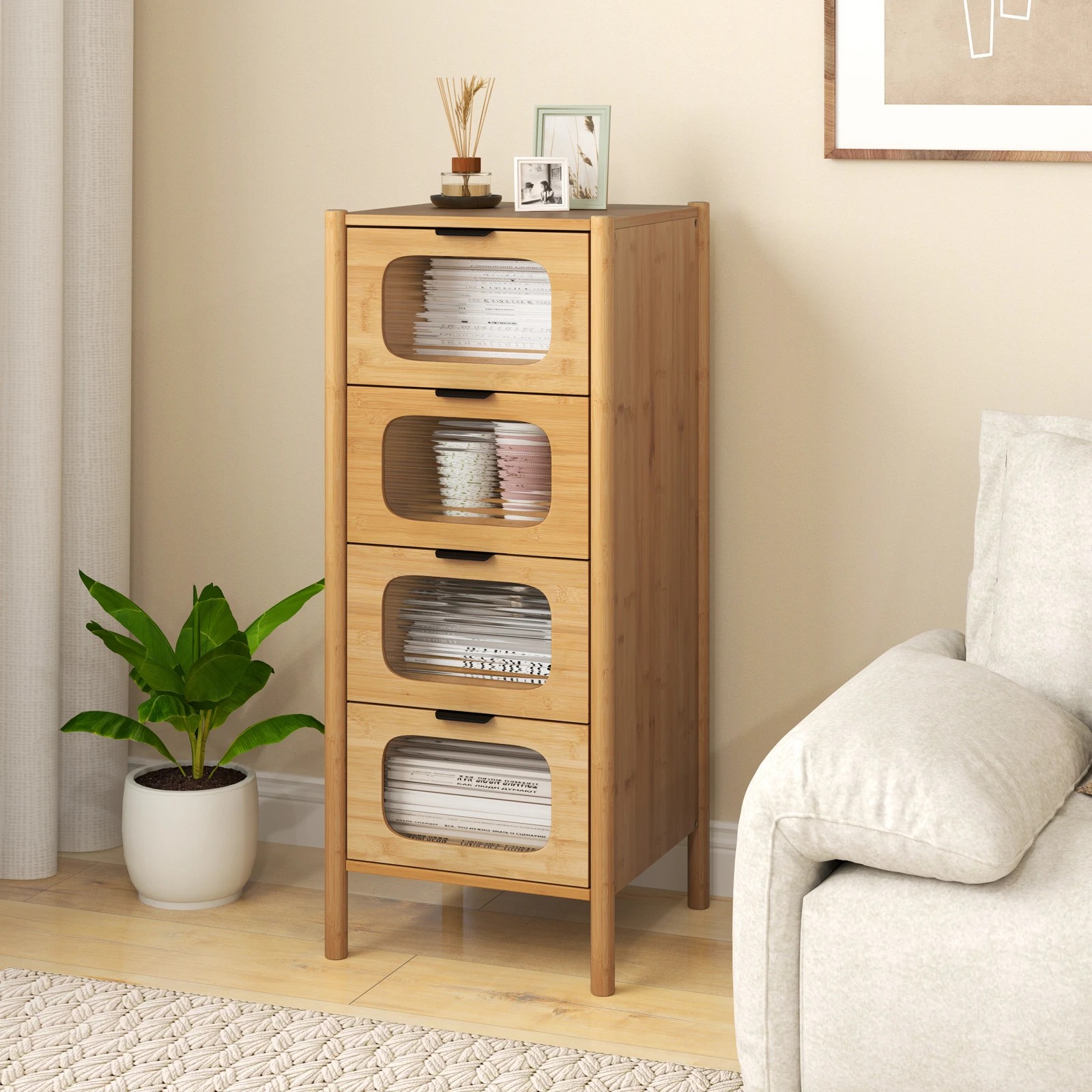 3 Costway 4-Drawer Chest of Drawers Bamboo Storage Cabinet Modern Dresser Nightstand - Natural, 3 of 4