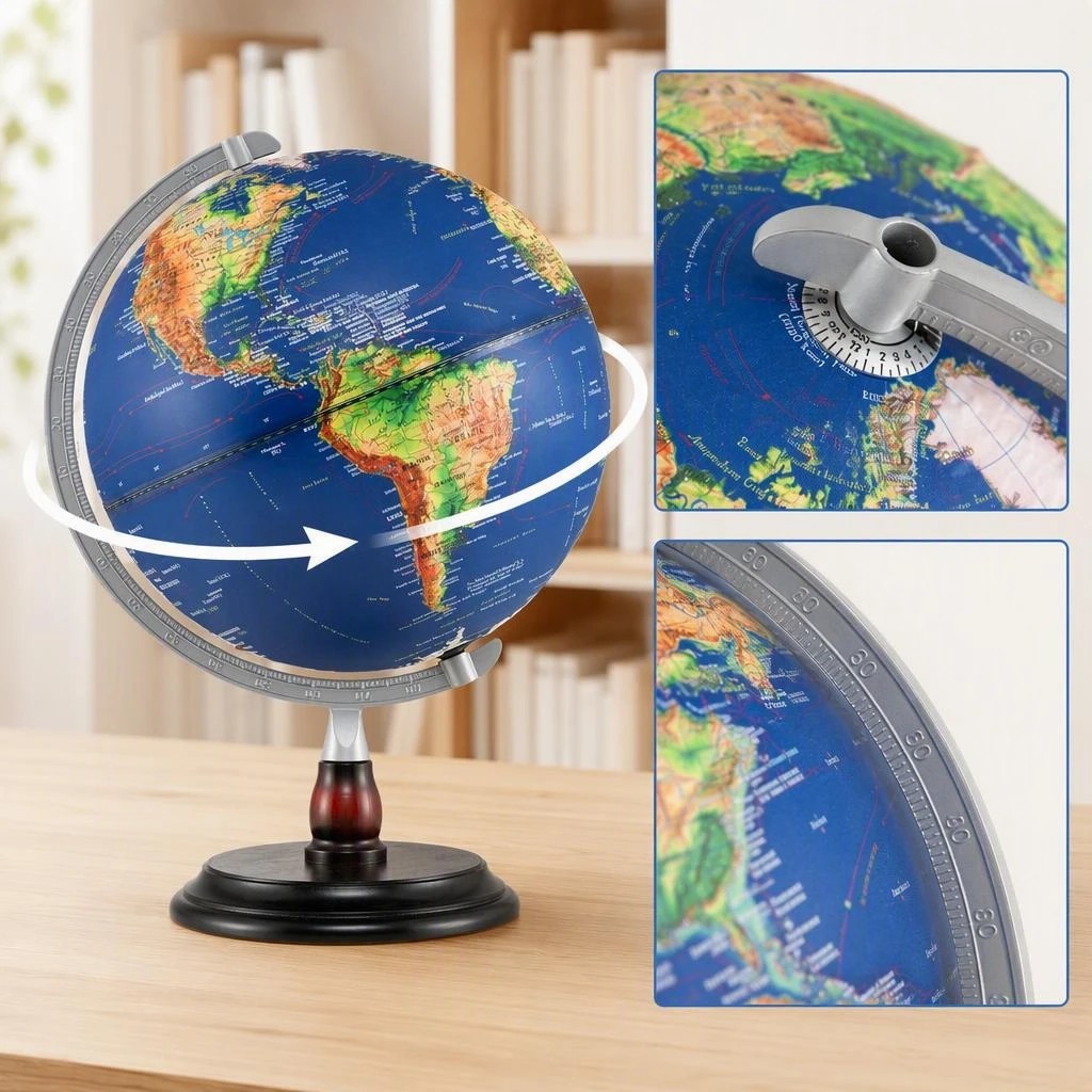 4 Costway 30CM Illuminated World Globe LED Night Light w/Raised Relief Time Zone Non-Slip Wooden Base - Blue, 4 of 7