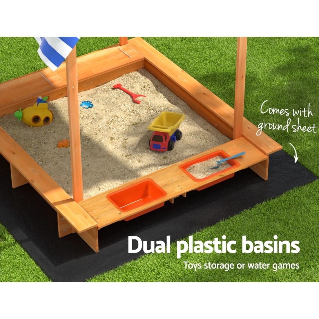 6 Keezi Kids Sandpit Wooden Sandbox Pit with Canopy Water Basin Toys 149cm - Multi, 6 of 6