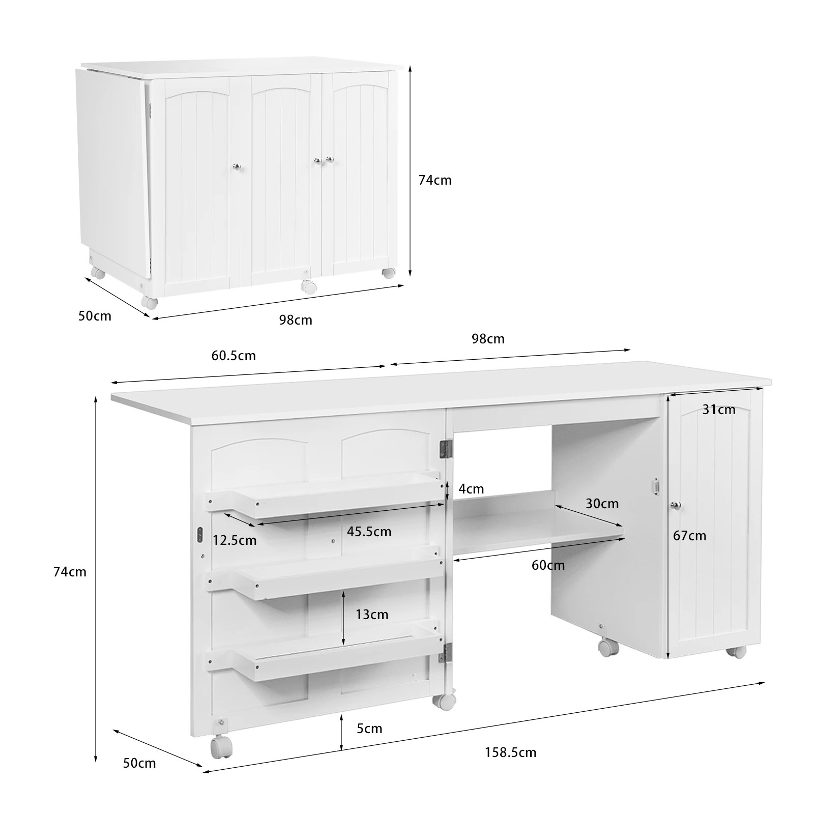 2 Costway Foldable Sewing Table Rolling Drop Leaf Craft Table w/Storage Bins - White, 2 of 5