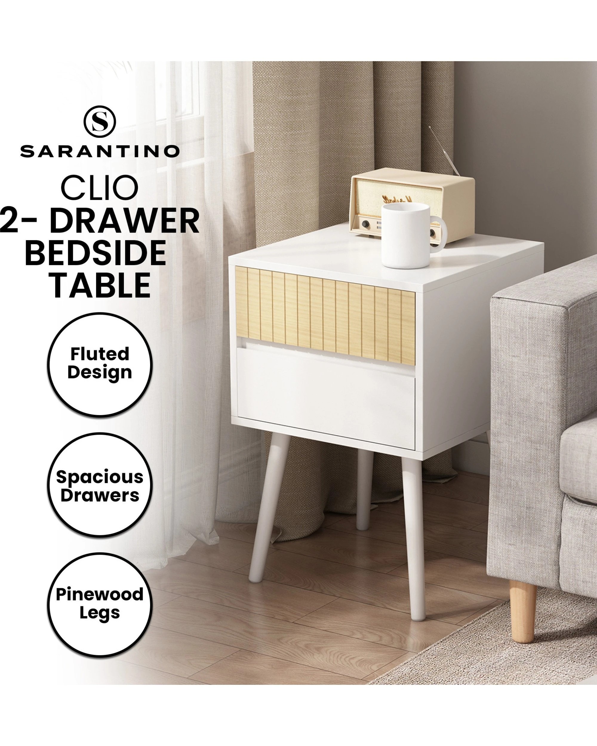 9 Sarantino Clio Bedside Table Night Stand - White Natural, 9 of 9