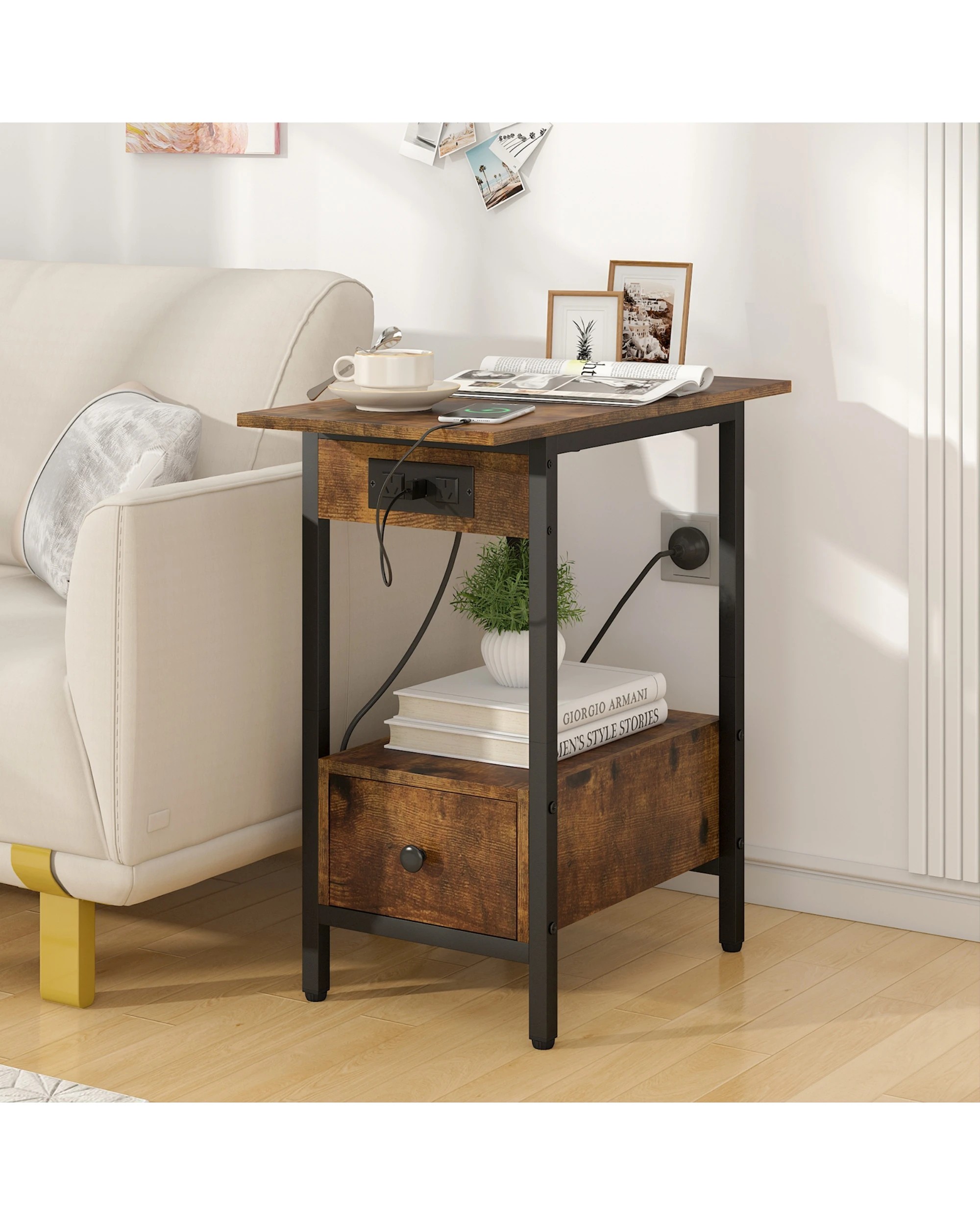 3 Advwin Set of 2 Side Tables w/ Charging Station & Drawer Walnut, 3 of 8