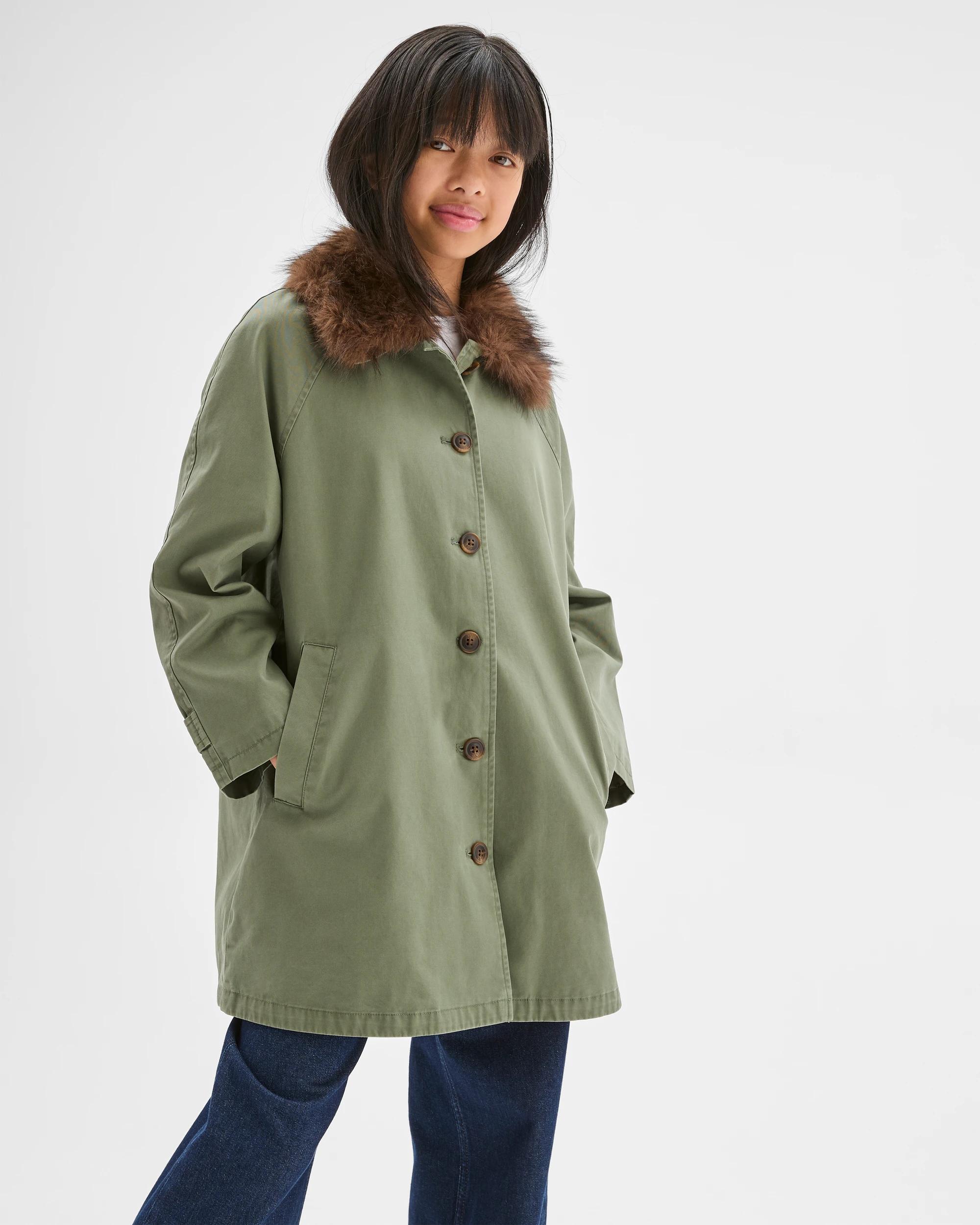3 Target Kids Australian Cotton Faux Fur Collar Long Car Coat KHAKI, 3 of 7