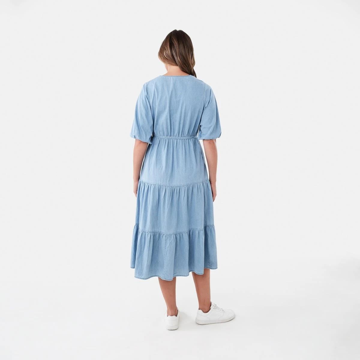 3 Short Sleeve Wrap Chambray Midi Dress Light Wash, 3 of 7