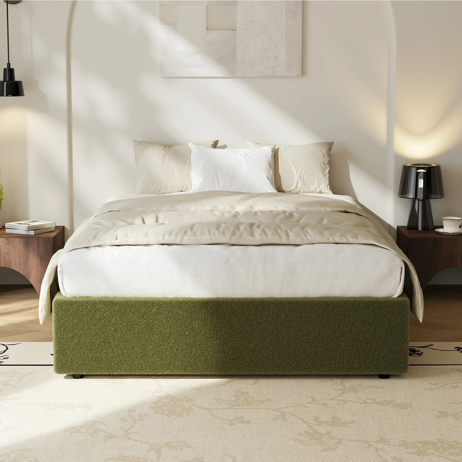 5 Oikiture Bed Frame Double Size Gas Lift Base with Storage Boucle - Green, 5 of 8