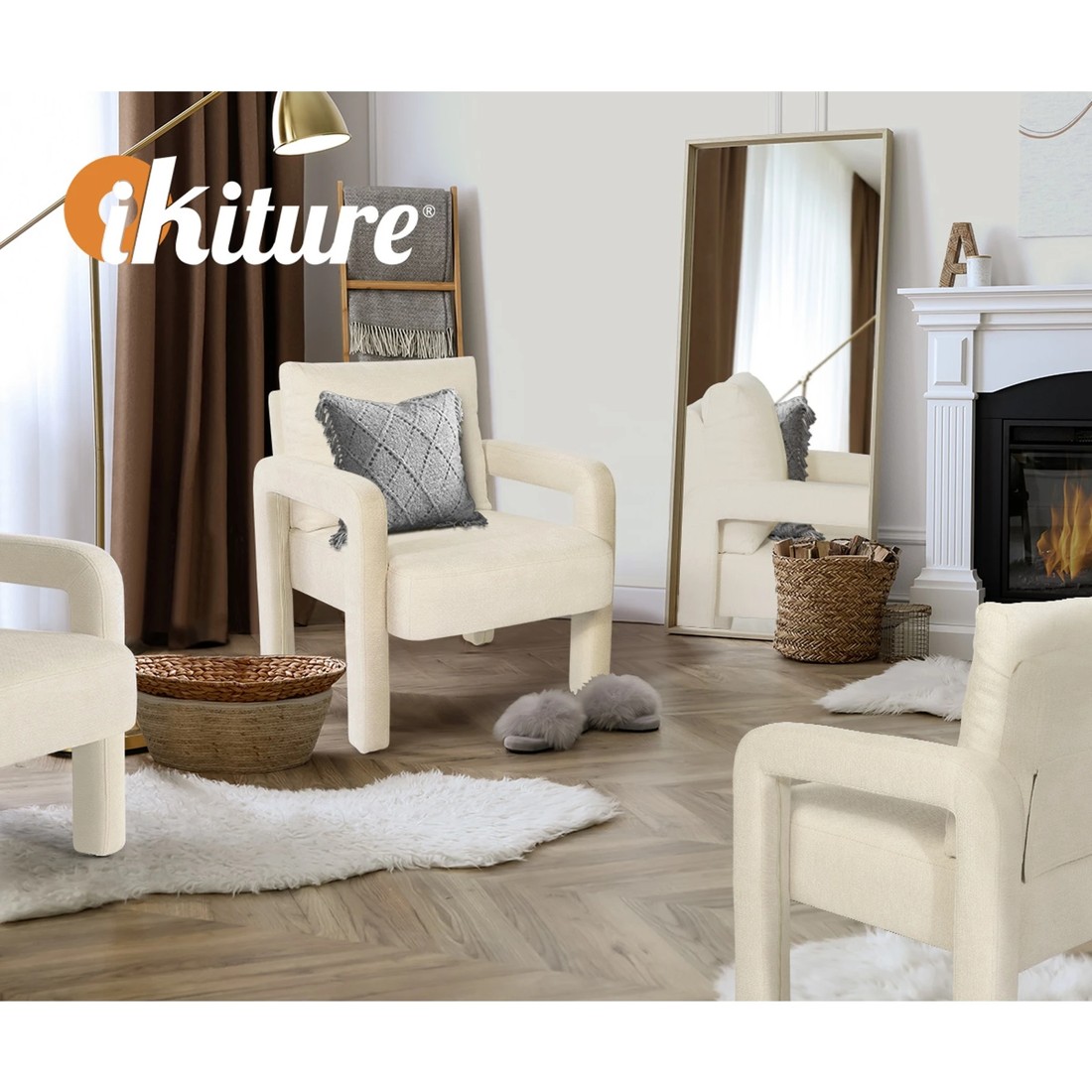 6 Oikiture Armchair Velvet Accent Chairs 1 Seater Lounge Sofa Chair - Beige, 6 of 10