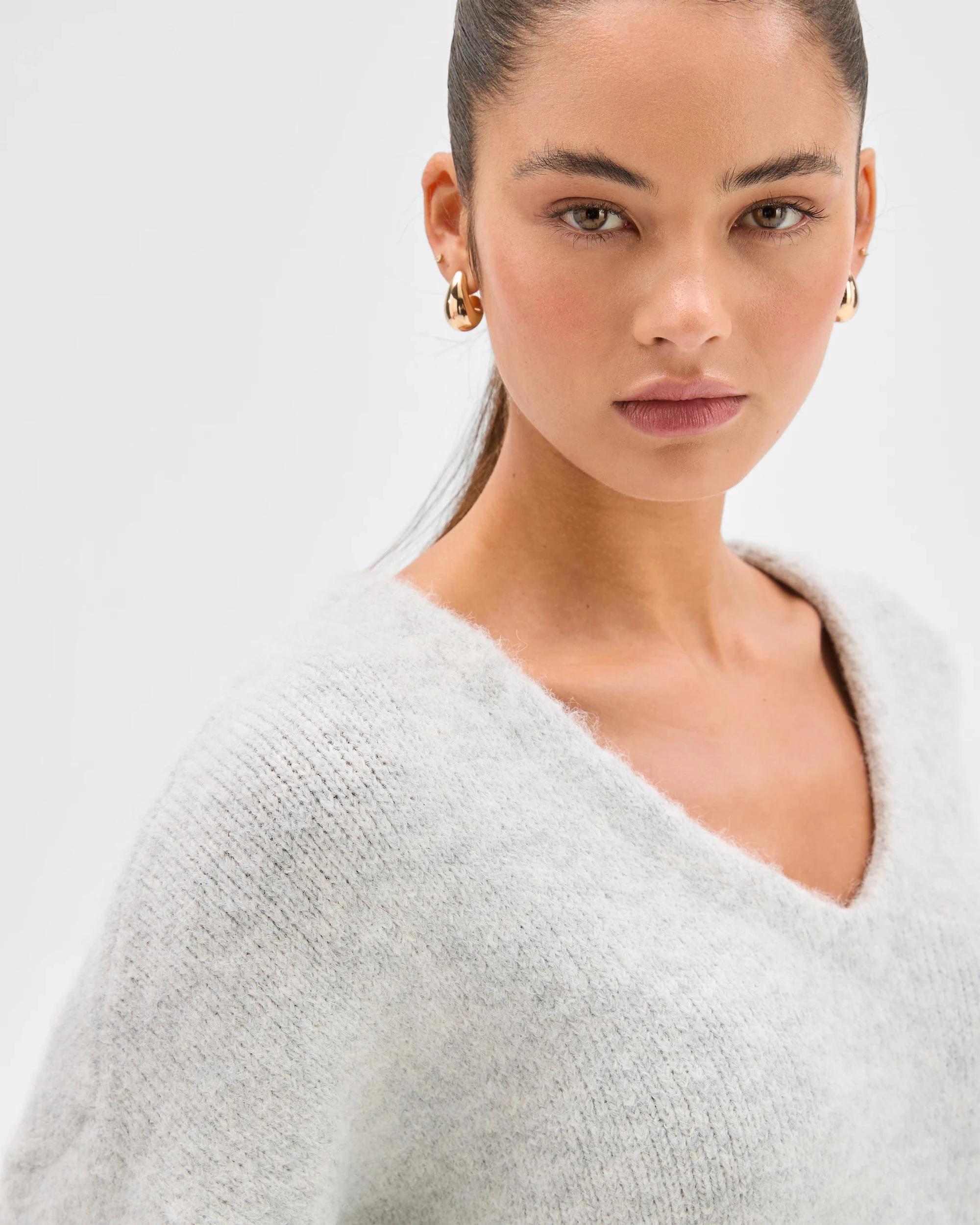 6 Lily Loves V-Neck Fluffy Knit Jumper SILVER MARLE, 6 of 7
