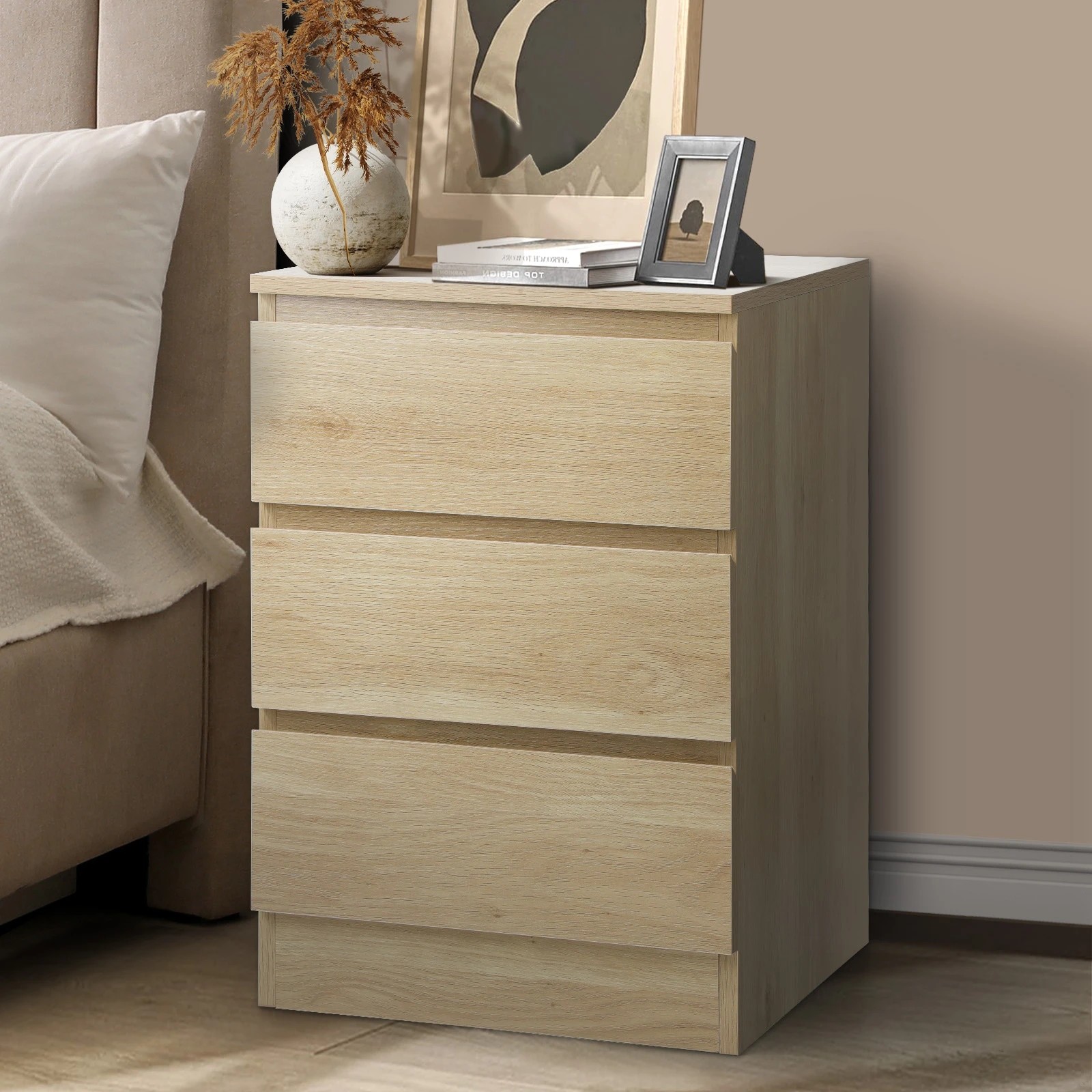 2 Oikiture Bedside Table 3 Drawers Side Tables Storage Cabinet Nightstand
 - Natural, 2 of 10